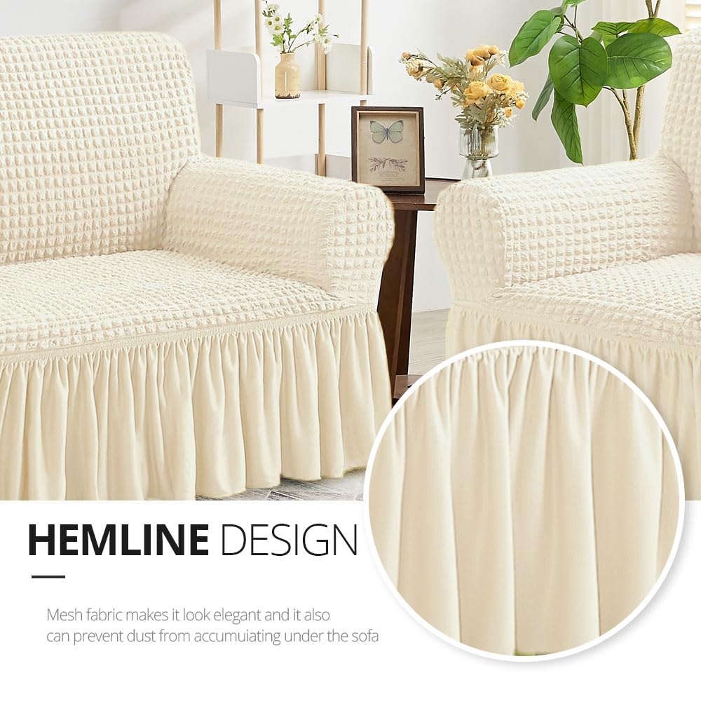 Washable Stretch Sofa Slipcover for 3-Cushion Couch - Beige Universal 3-Seat Furniture Protector with Skirt | Durable, Country Style Couch Cover | Perfect for Living Room, Family Room & Home Decor