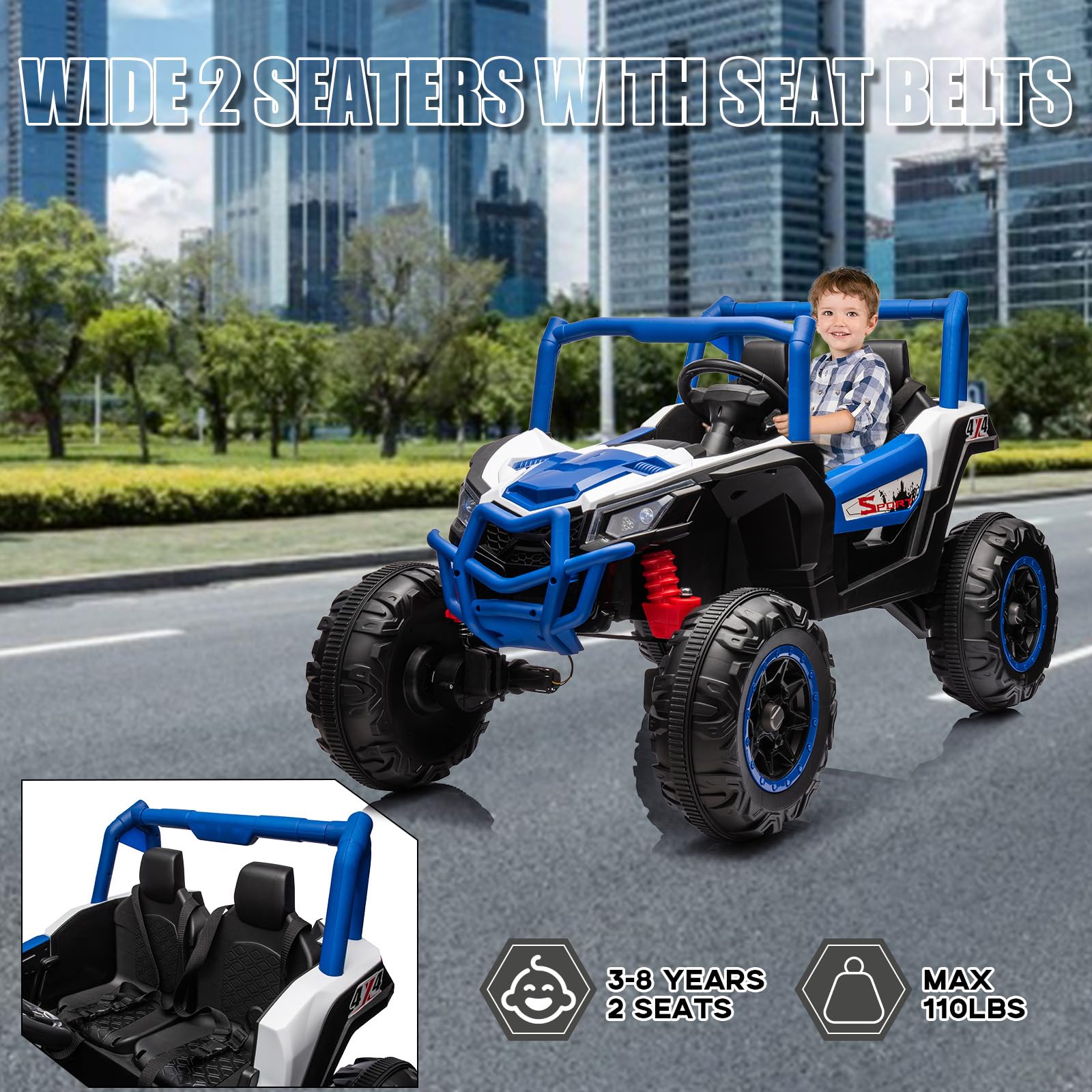 GARVEE 24V 2-Seater Kids Electric Ride-On Car - 4WD Off-Road UTV Toy with Remote Control, LED Lights, Bluetooth, 3 Speed Settings & Spring Suspension | Perfect for Outdoor Play, Backyard Adventures & Birthday Gifts (Blue)