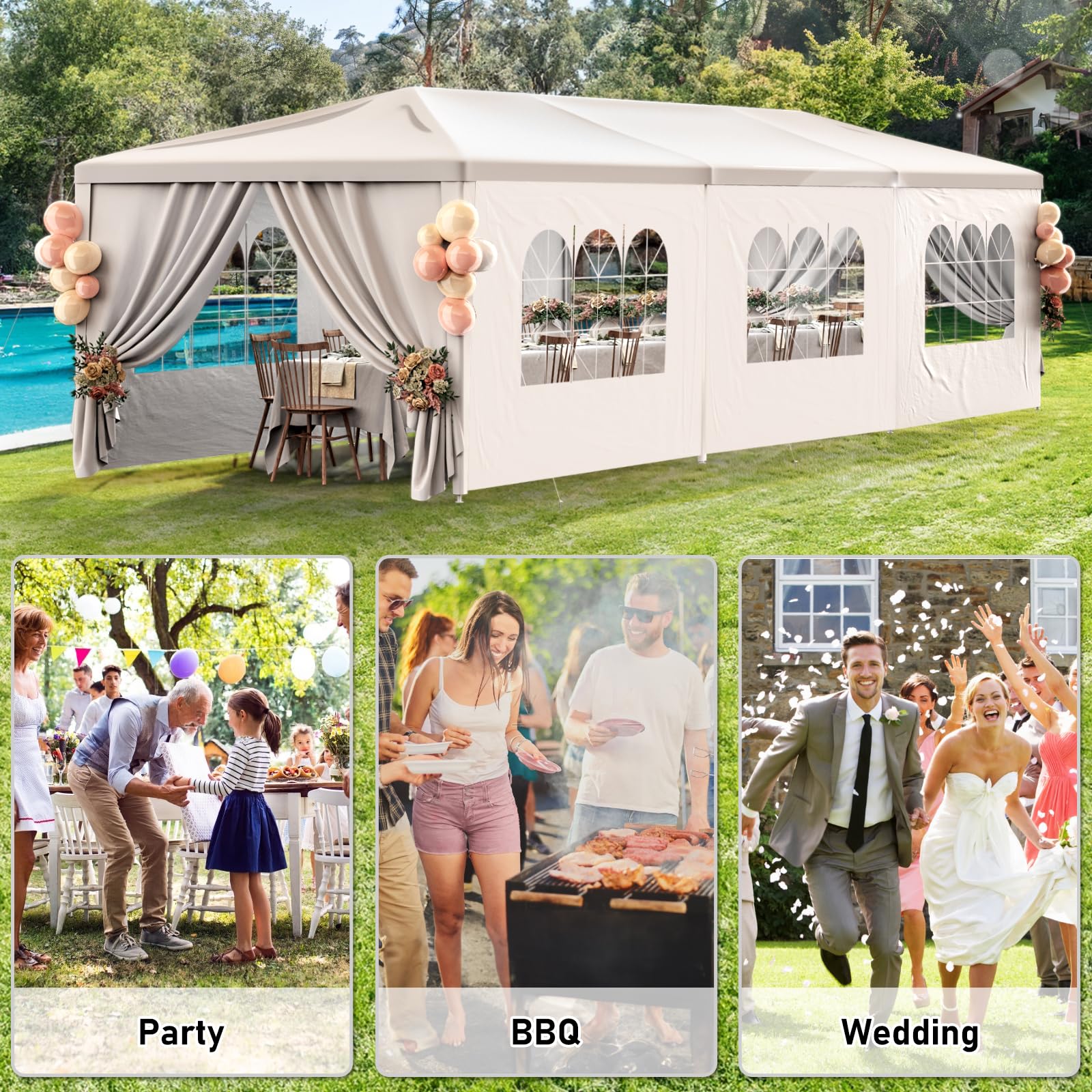 10x30FT White Heavy Duty Waterproof Outdoor Canopy Tent with 8 Removable Sidewalls - Perfect for Weddings, Birthday Parties, Backyard BBQs, Camping & Outdoor Events | Commercial Grade Gazebo Shelter for All Weather Protection