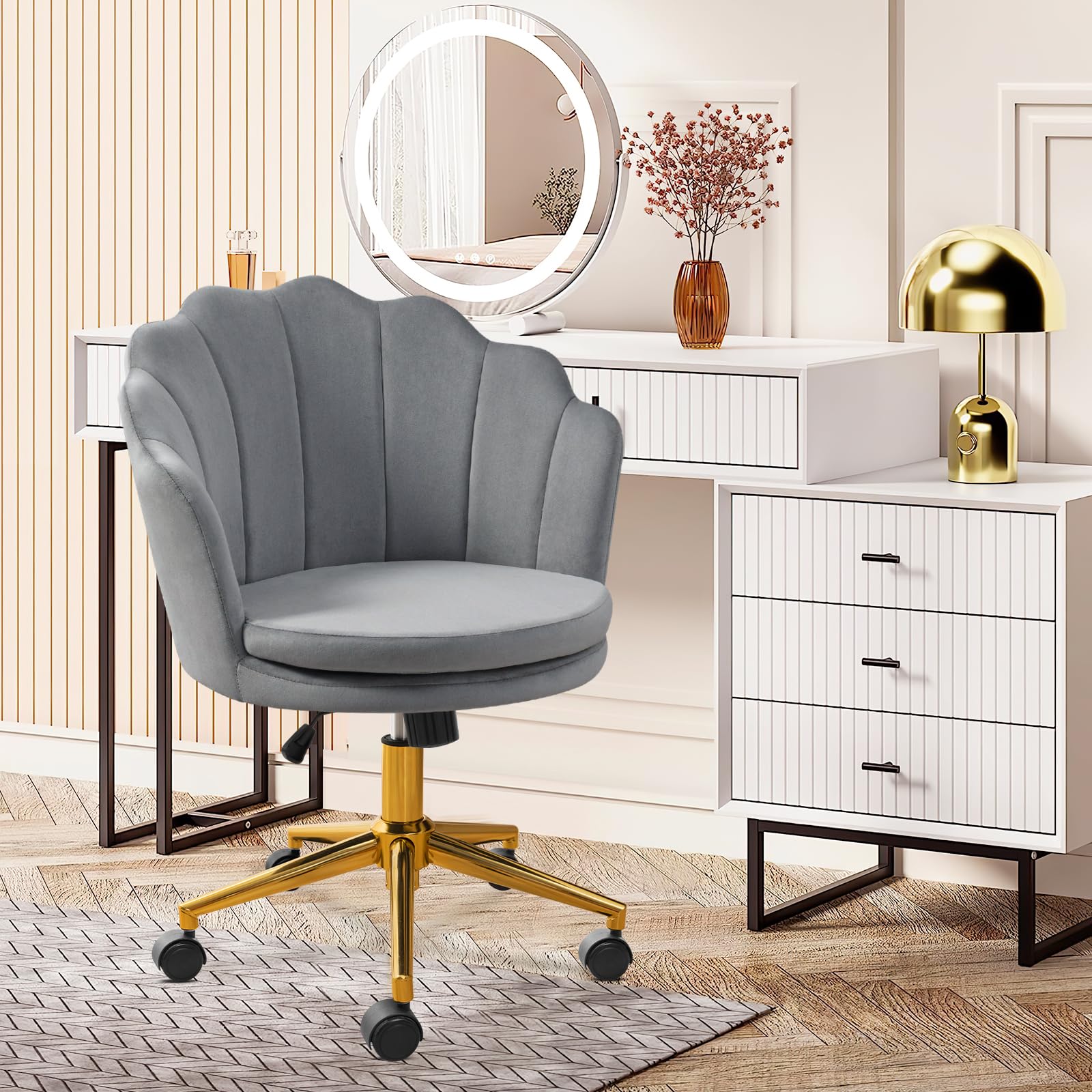 Furniliving Velvet Vanity Chair with Thick Cushion - Adjustable Swivel Makeup Chair with Seashell Back & Metal Legs for Bedroom, Home Office, Dressing Room (Grey) | Ergonomic Upholstered Task Chair for Makeup Vanity, Computer Desk & Beauty Salon