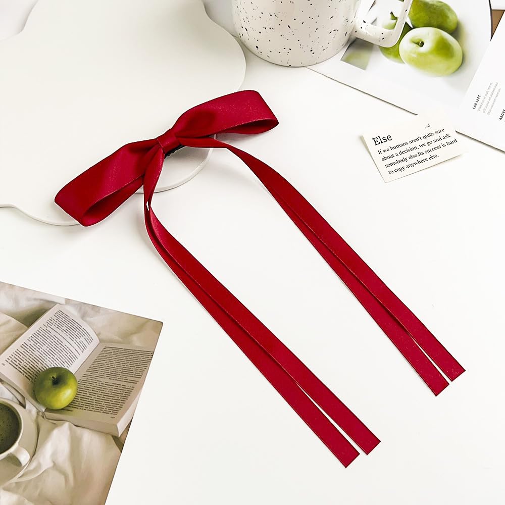 Elegant Red Hair Bows for Women - Coquette Ribbon Hair Clips, Long Hair Accessories for Party, Halloween & Christmas (2Pcs) - Perfect for Festivals, Weddings & Daily Styling