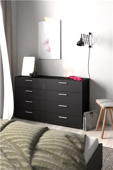 Tvilum 8-Drawer Double Dresser - Modern Black Bedroom Furniture with Silver Handles | Contemporary Storage for Clothes, Bedding & Accessories