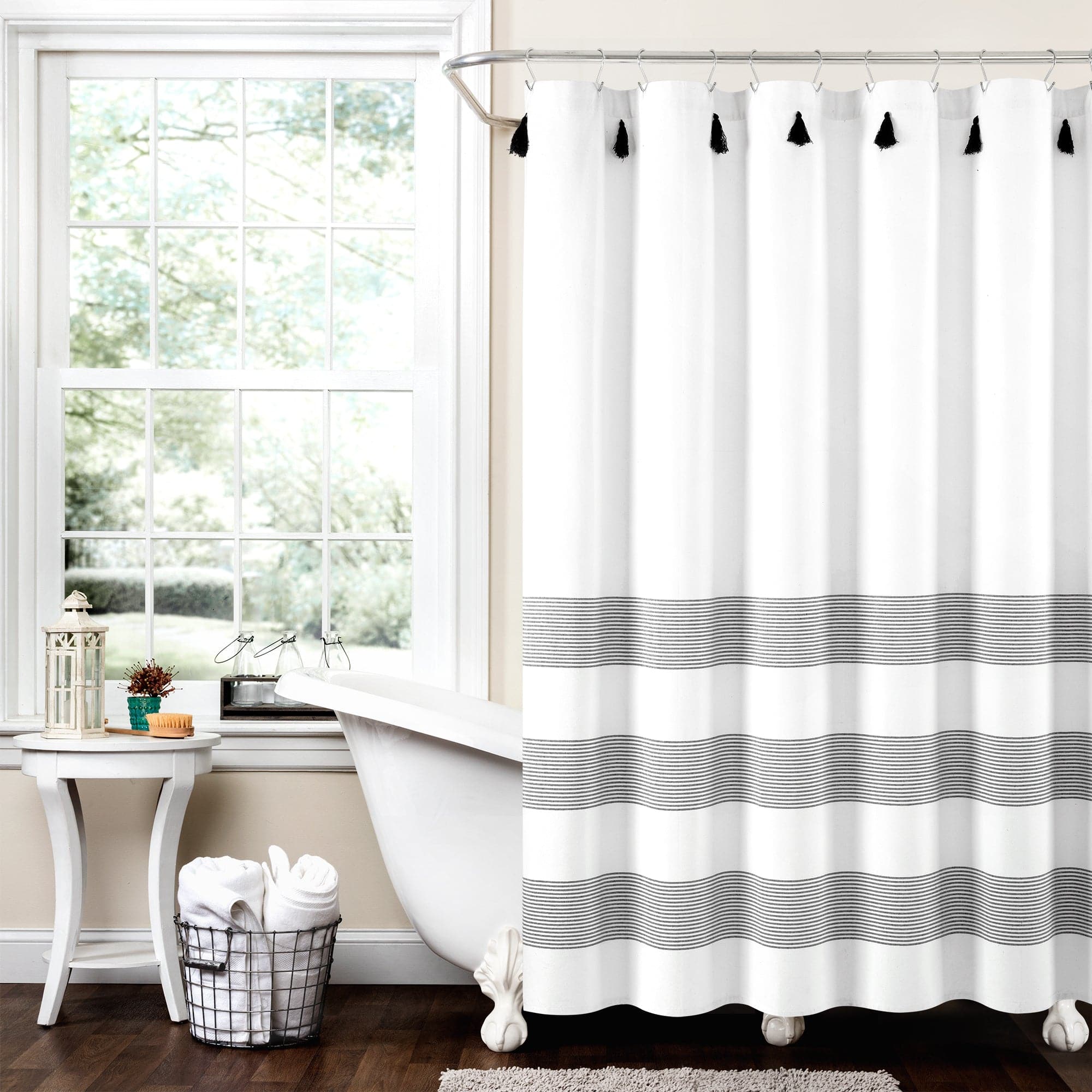 Boho Tassel Stripe Shower Curtain - Eco-Friendly Recycled Cotton Blend, Hand-Dyed Yarn, Waterproof Bathroom Decor for Boho Chic, Farmhouse or Coastal Style Homes