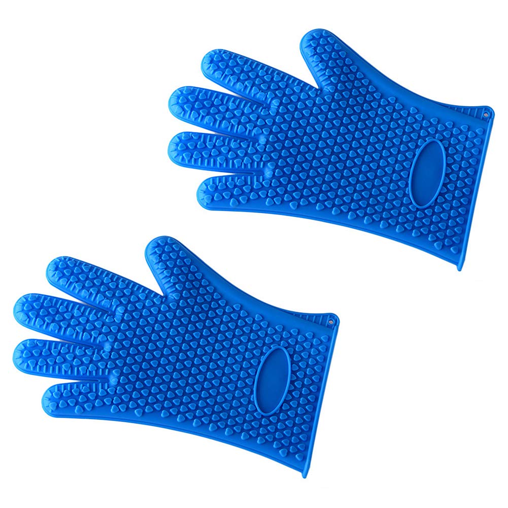 Heat Resistant Silicone BBQ Gloves - 1 Pair Blue Oven Mitts for Grilling, Cooking & Baking - Non-Slip Grip Pot Holders for Kitchen, Camping & Outdoor Use