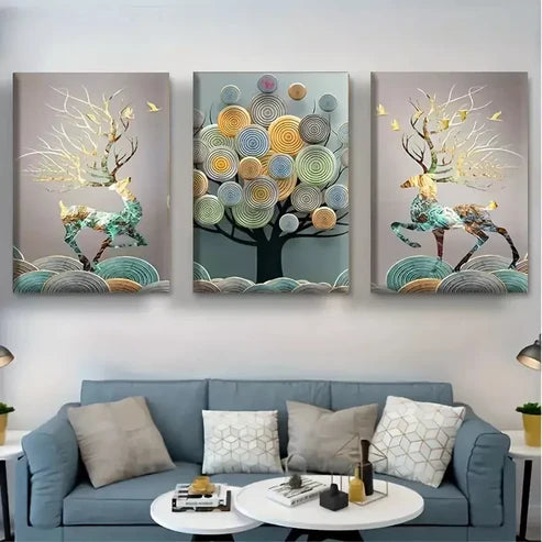 3-Piece Abstract Chinese Feng Shui Golden Money Tree Canvas Wall Art Set - 60x90cm High Quality Framed Prints | 100% Australian Made | Ready to Hang | Perfect for Home Office Decor, Living Room Feng Shui & Wealth Attraction