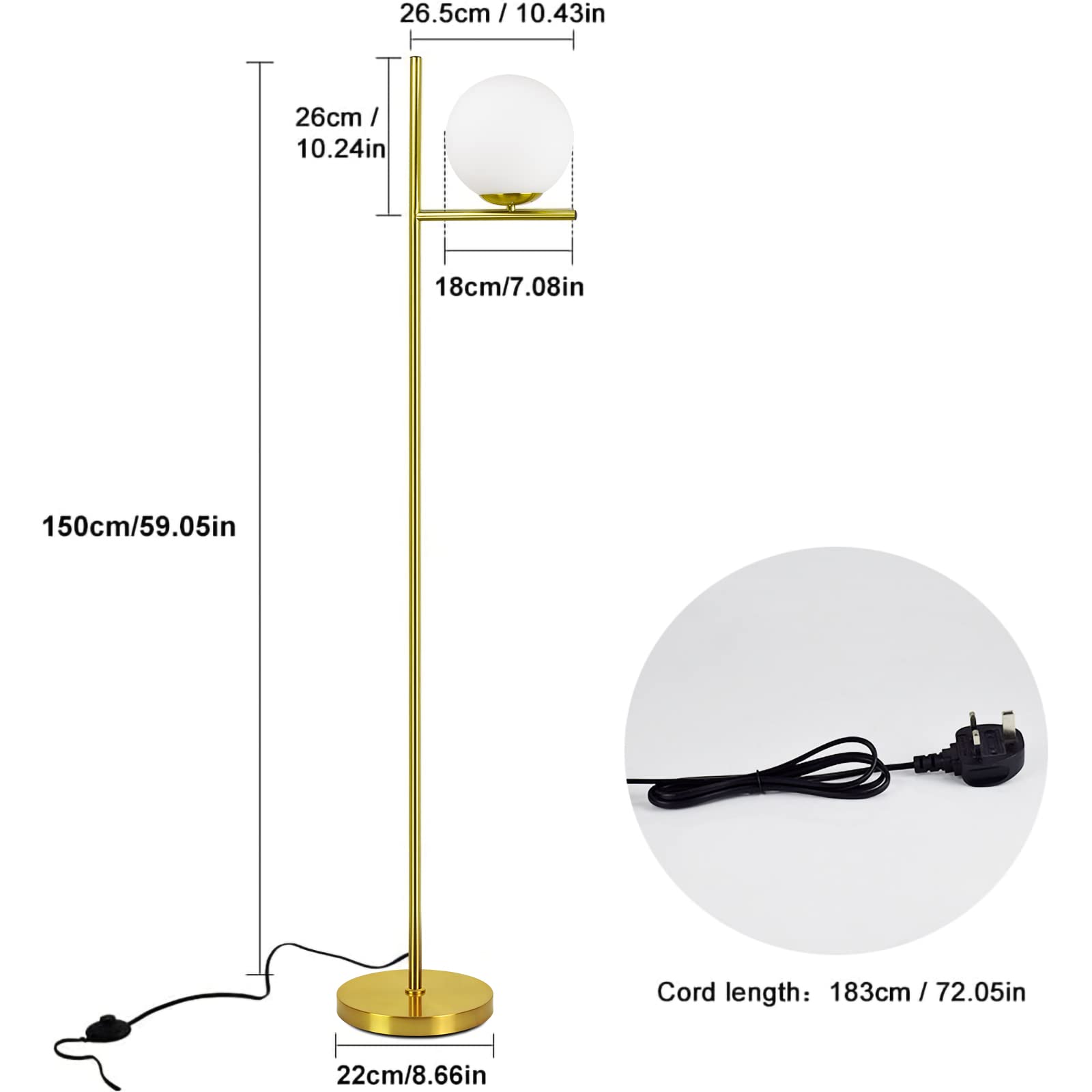 Modern Gold LED Floor Lamp with Frosted Glass Globe - 3000K Warm White Tall Standing Light with E27 Holder - Adjustable Reading Lamp for Living Room, Bedroom, Office - Creates Cozy Ambiance for Relaxing & Working (Bulb Included)