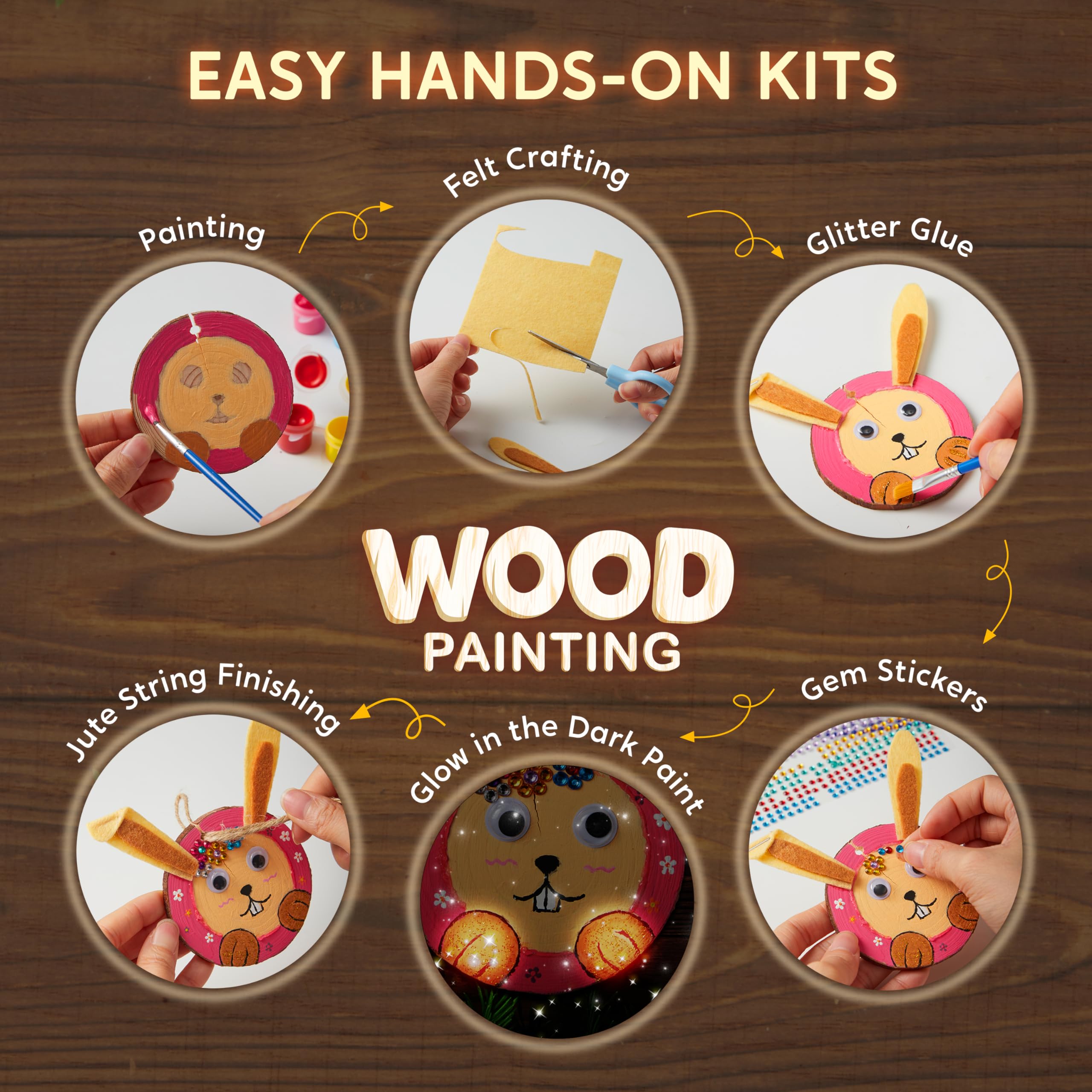 Klever Kits Wooden Painting Craft Kit - Glow in The Dark Art Supplies for Kids Ages 6-12 - DIY Wood Slices with Painting Activities - Creative Wood Crafts for Boys & Girls - Perfect for Birthday Parties, Easter Gifts & Family Art Projects