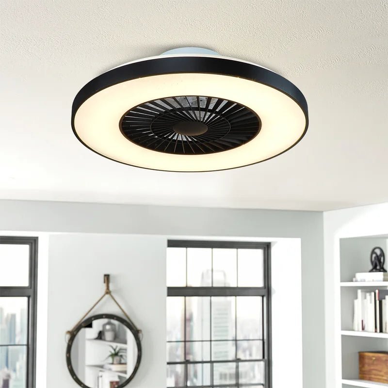 DLLT Modern Ceiling Fan with Light, 40W LED Dimmable Remote Control, 7 Invisible Blades Semi-Flush Mount, 3-Speed Low Profile Indoor Ceiling Fan (3000K-6500K Adjustable Color Temperature) - Perfect for Bedroom, Living Room, and Office Spaces