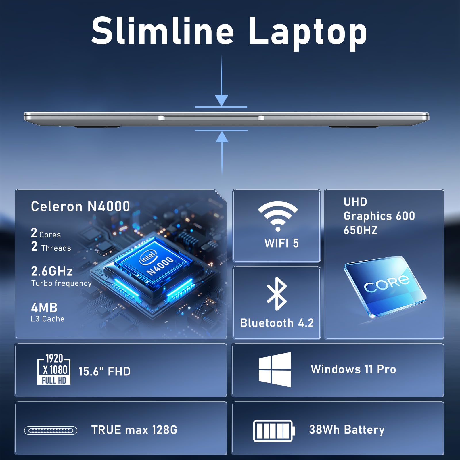 15.6 Inch Laptop with Intel N4000 Processor, 8GB RAM & 256GB SSD, FHD 1920x1080 Display, WiFi 5, Bluetooth 4.2, HDMI, Windows 11 - Ultra Thin & Lightweight for Office Work, Online Study, Business Travel & Home Entertainment