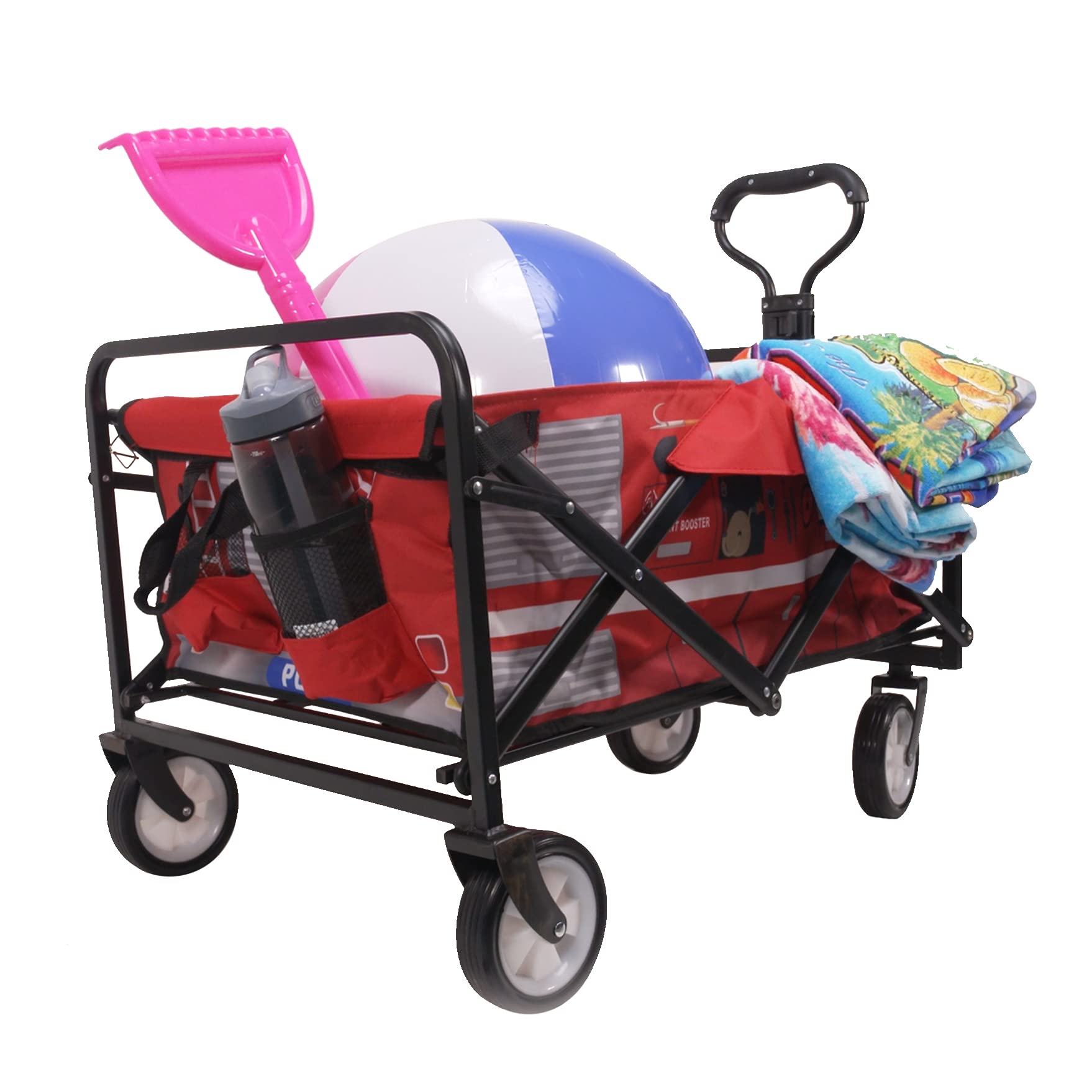 Heavy Duty Collapsible Beach Wagon Cart with Adjustable Handle - Large Capacity Portable Transport for Sand, Picnics & Camping - Perfect for Beach Outings, Grocery Shopping & Kids Fire Truck Play