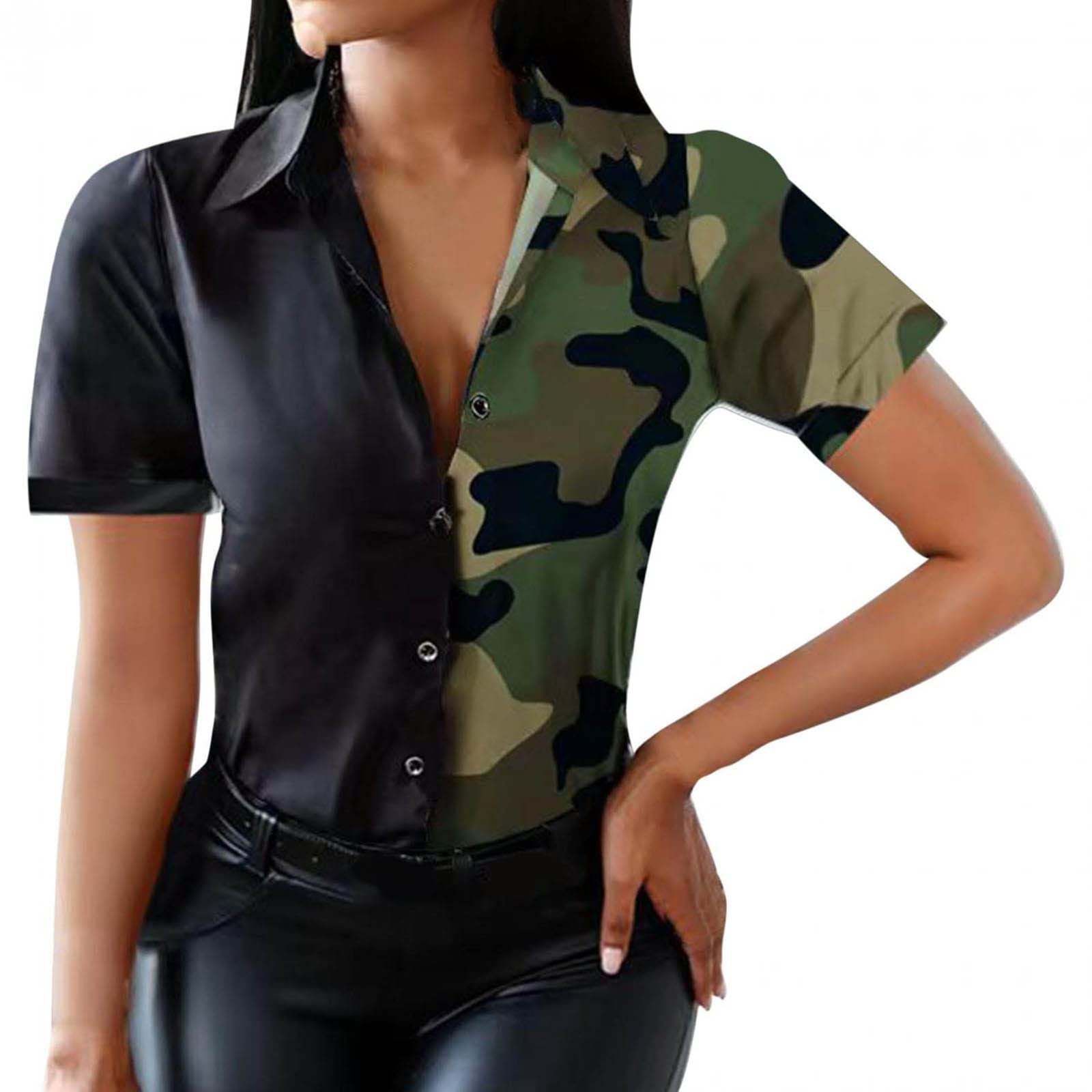 Women's Casual Summer Short Sleeve Button Down Blouse - Loose Fit Collared Shirt with Smocked Cuffs for Work & Everyday Wear | Trendy T-Shirt Style Top