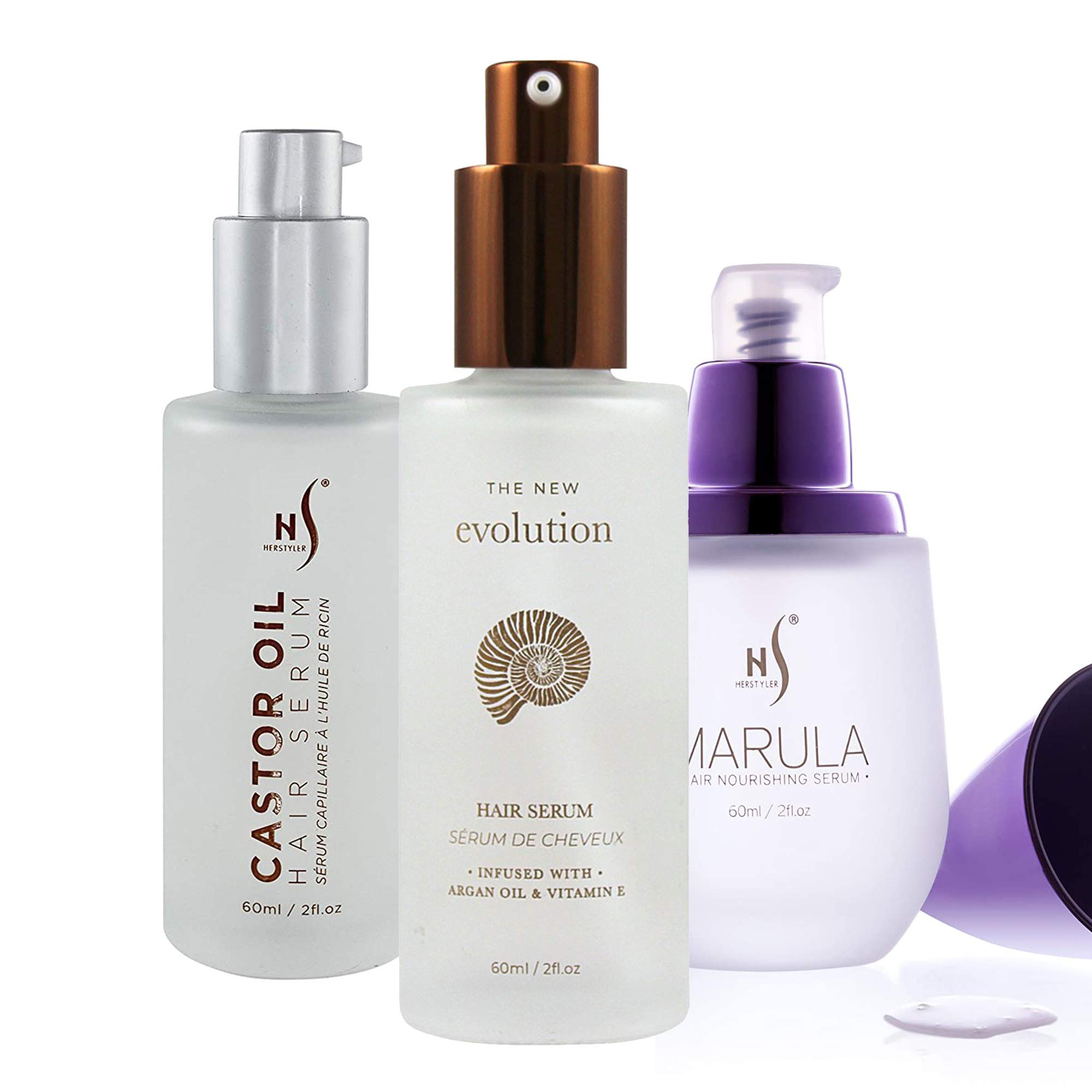 HerStyler 3 Pack Hair Growth Serum Set - Marula Oil, Castor Oil & Evolution Hair Serum for Stronger, Healthier Hair - Perfect for Daily Use, Frizz Control & Split Ends Repair