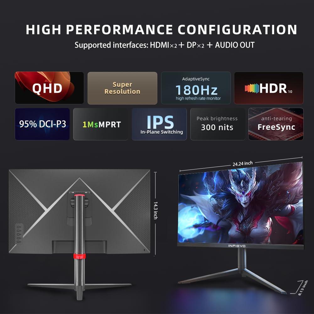 27 Inch QHD 1440P Gaming Monitor - 180Hz IPS 1ms Response, AMD FreeSync, Ultra-Thin Bezel, VESA Mount Compatible, Height Adjustable & Pivot Stand, Flicker-Free with Eye Care, HDMI/DP Ports - Perfect for Competitive Gaming, Streaming & Home Office Setup