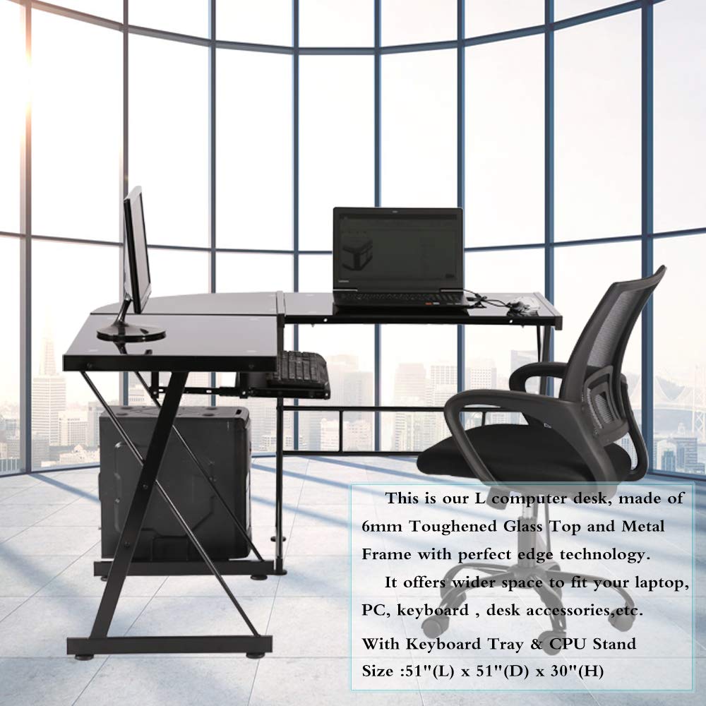 XXFBag Black L-Shaped Glass Computer Desk with Keyboard Tray & CPU Stand - 3-Piece Office Gaming Corner Workstation for Home, Study, Writing & PC Setup | Perfect for Small Spaces & Multi-Tasking