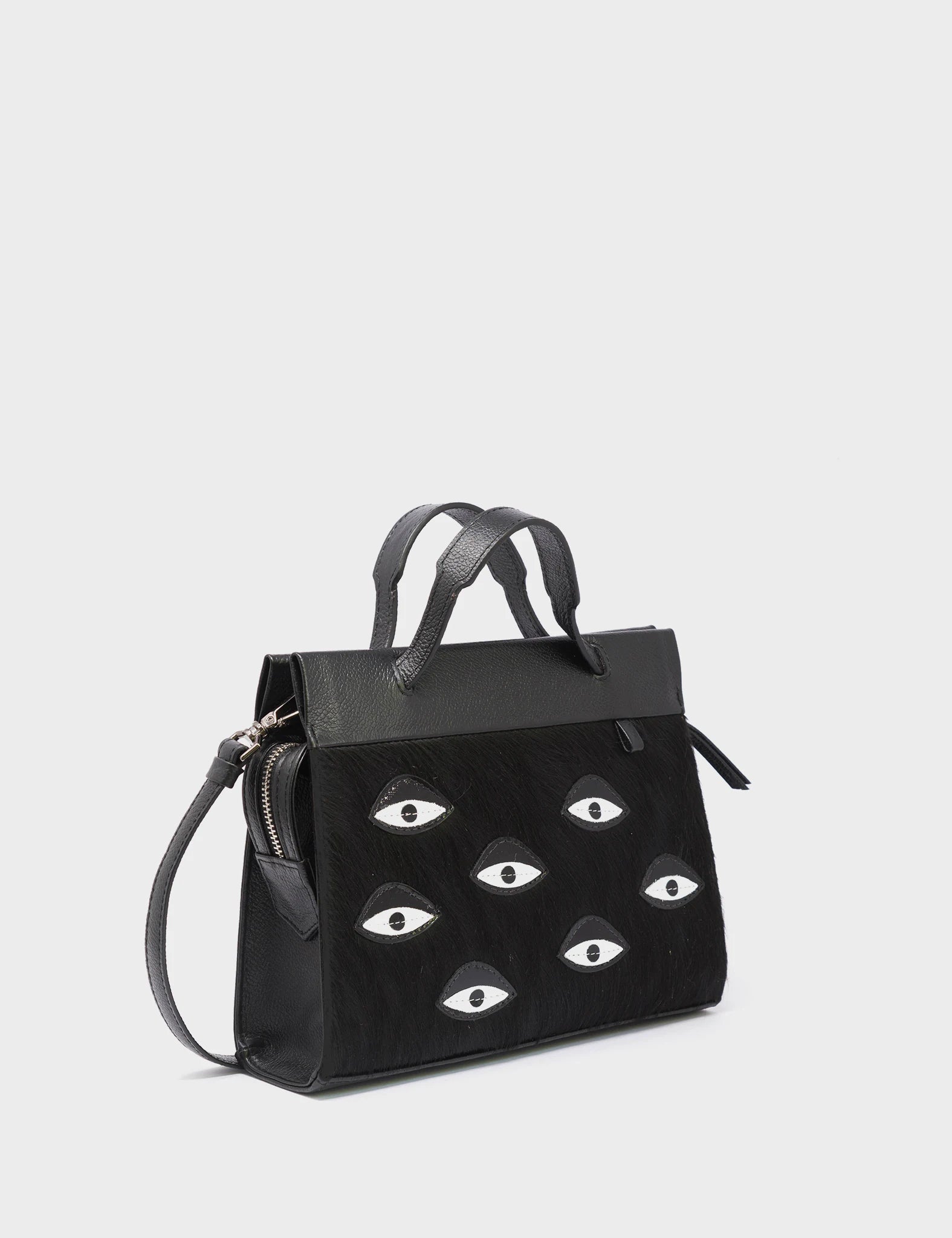 Vali Crossbody Small Black Leather Bag with Eyes Applique & Adjustable Handle - Perfect for Everyday Use, Travel, and Casual Outings