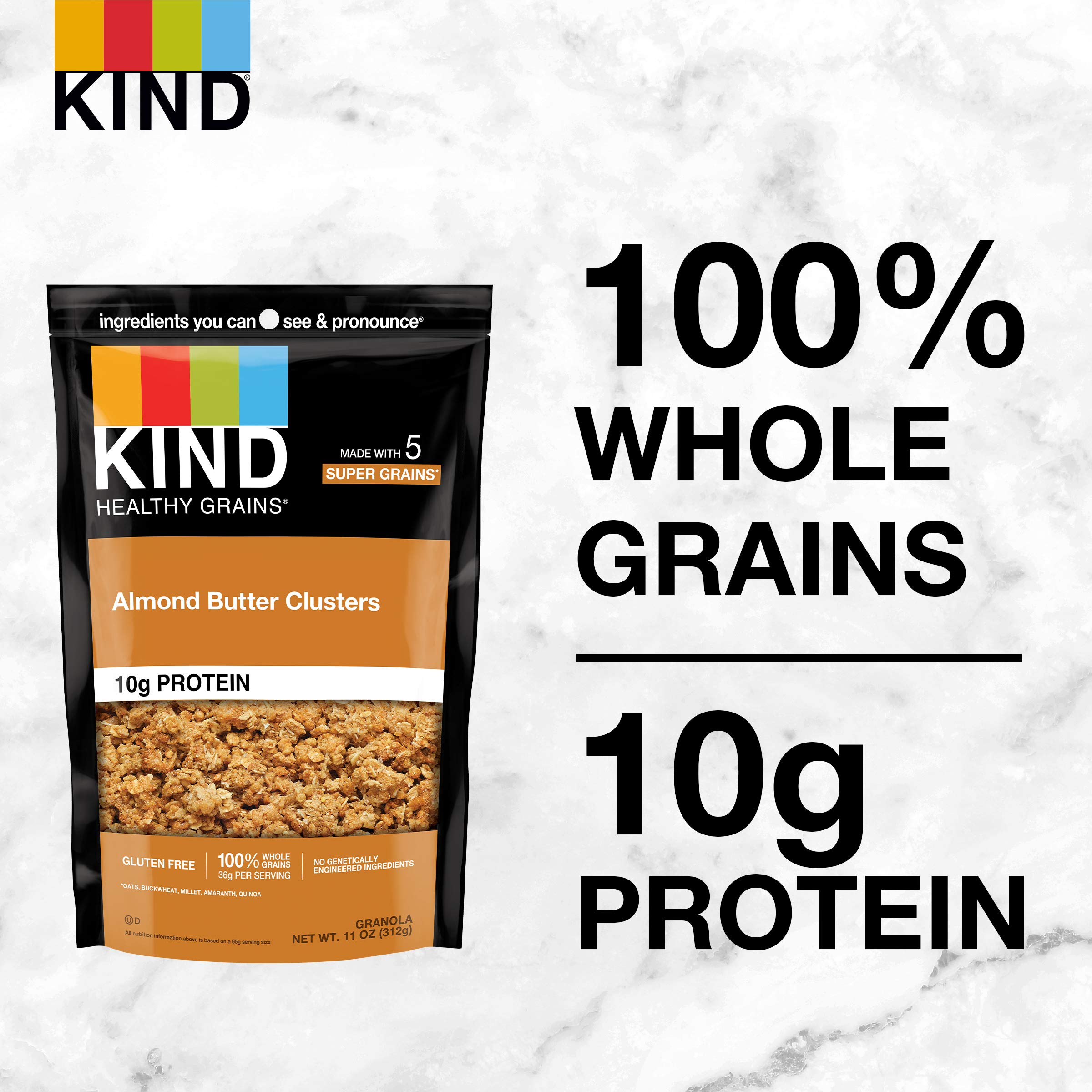 KIND Healthy Grains Clusters Almond Butter Granola - High Protein 10g, Gluten Free, Non-GMO, 11oz (Pack of 6) - Perfect for Breakfast, Snacks & On-the-Go Energy
