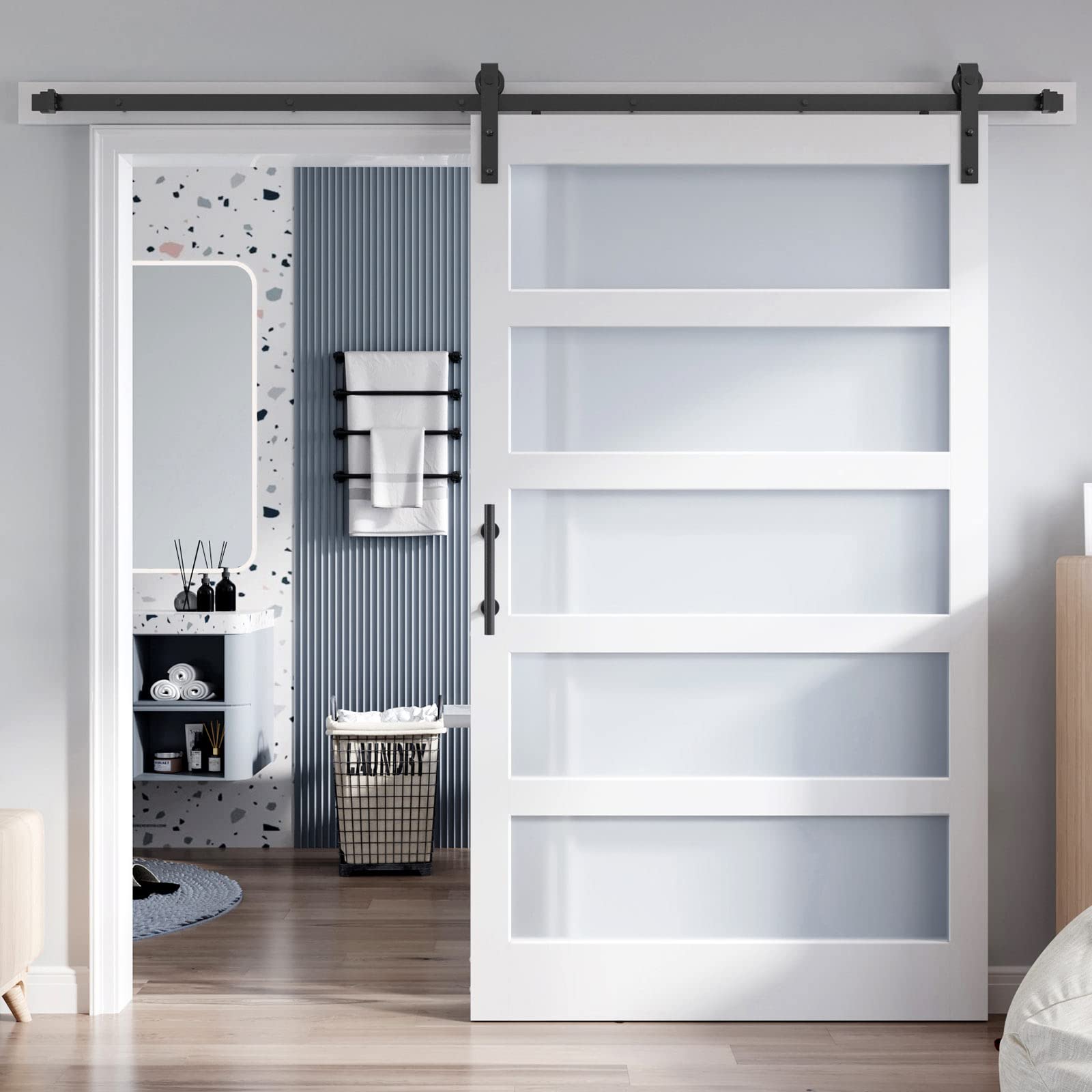 48x84 Inch Frosted Glass Sliding Barn Door with 8ft Hardware Kit - White Waterproof & Scratch-Resistant PVC LVL Wood Panel - Easy DIY Installation for Bedroom, Closet, or Office Partition