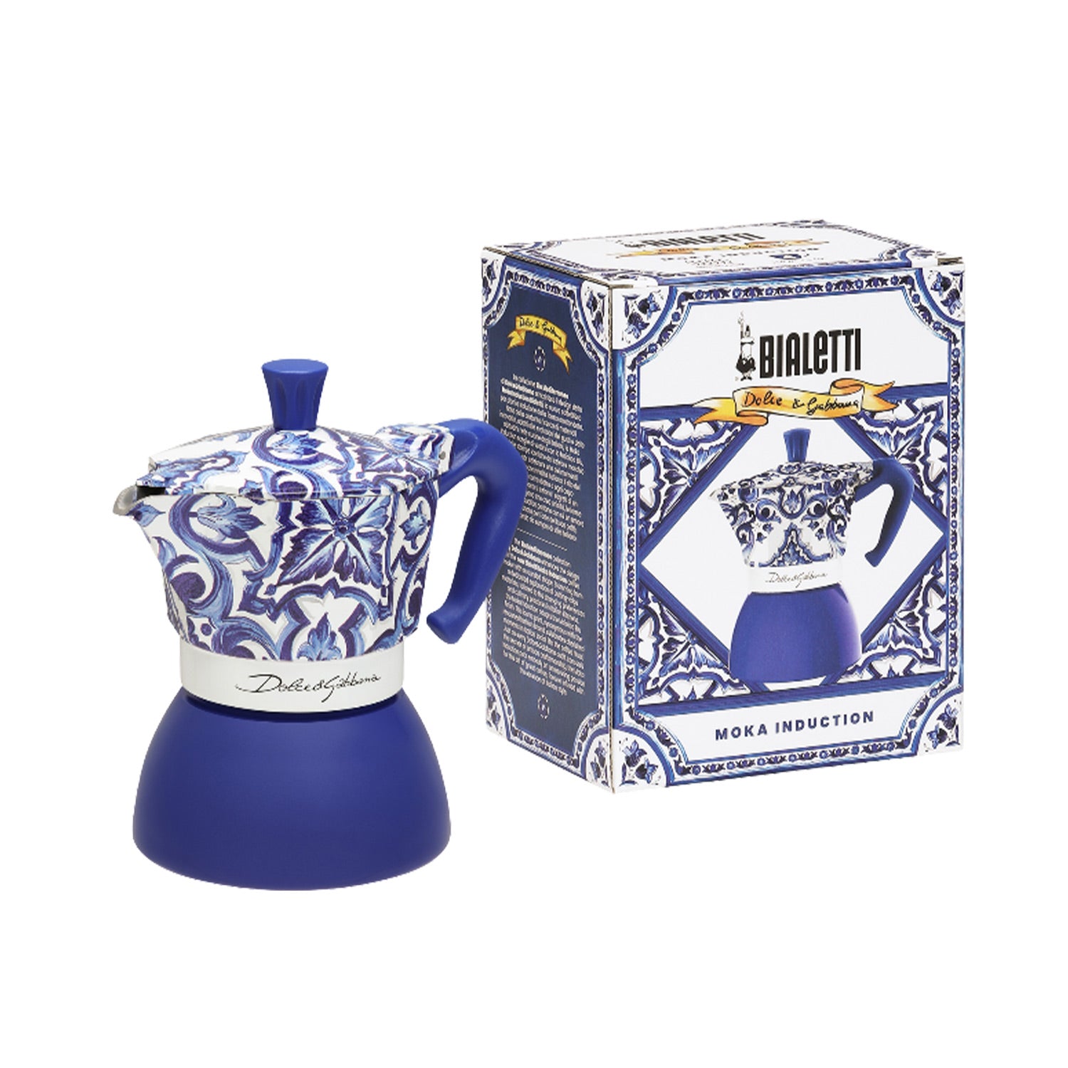 Bialetti Dolce&Gabbana Moka Induction 4 Cup Stovetop Espresso Coffee Maker in Mediterranean Blue - Perfect for Home, Office & Italian Style Coffee Brewing