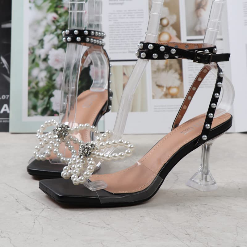 LISHAN Women's Square Toe Pearl Ankle Strap Bowknot High Heel Sandals - Elegant Stiletto Heels for Party, Prom, Wedding & Evening Events