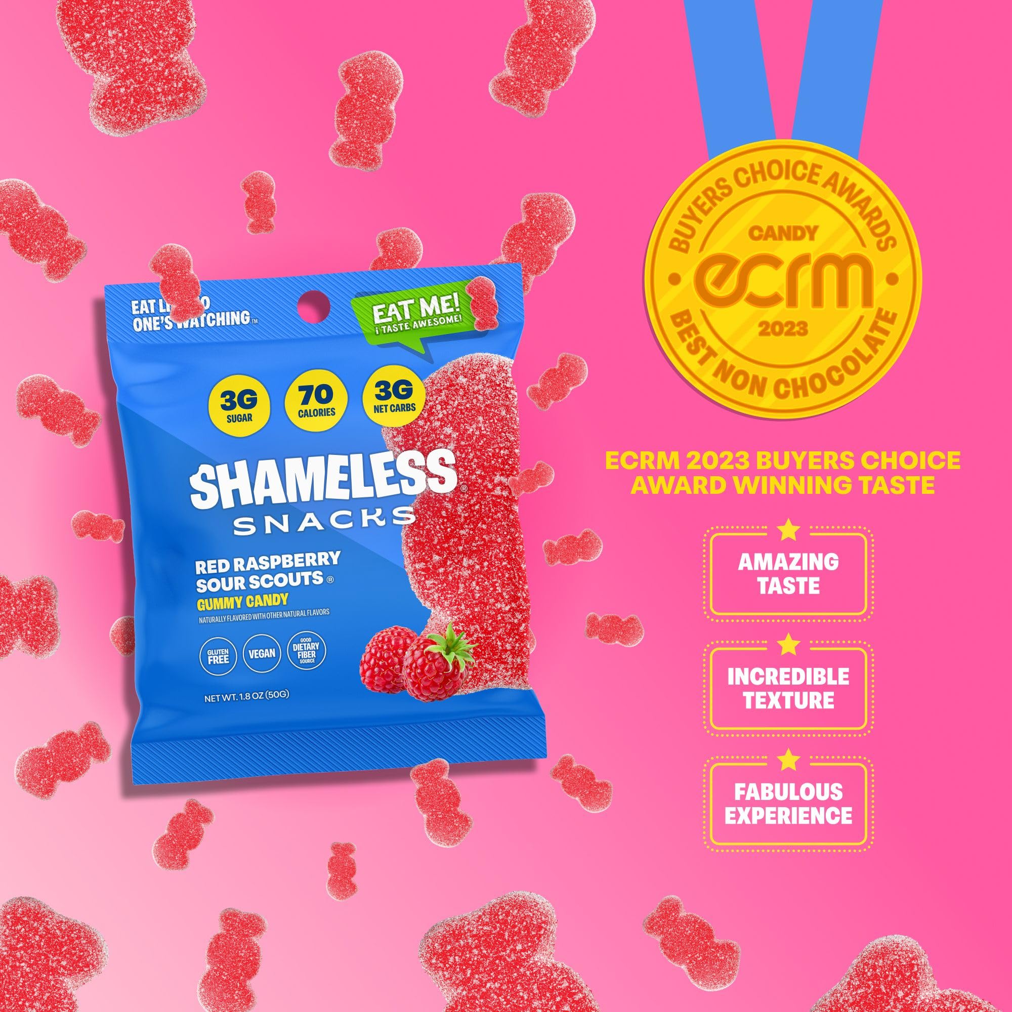 Shameless Snacks - Healthy Low Calorie Keto Gummies | Gluten Free Candy for Weight Loss | 6 Pack Red Raspberry Sour Scouts | Perfect for Keto Diet, Office Snacks & Movie Nights