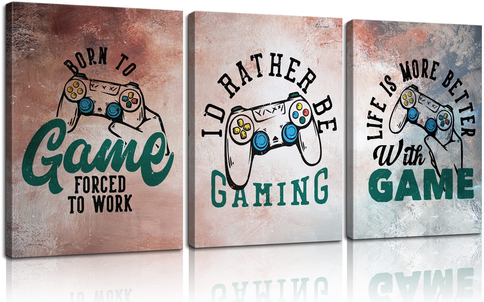 3-Piece Video Game Canvas Wall Art - Born to Game Forced to Work Quotes - Gaming Room Decor for Boys & Teens - Ready to Hang (12x16 Inches) - Perfect for Bedroom, Man Cave & Gamer Gift