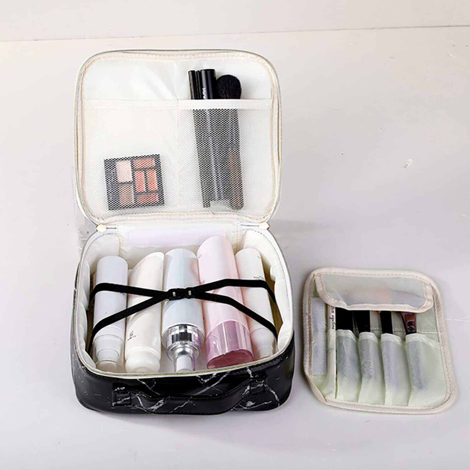 House of Quirk Portable Travel Makeup Bag for Women - Waterproof Cosmetic Organizer with Detachable Brush Pouch (Black Marble) | Perfect for Vacation, Gym & Daily Essentials Storage
