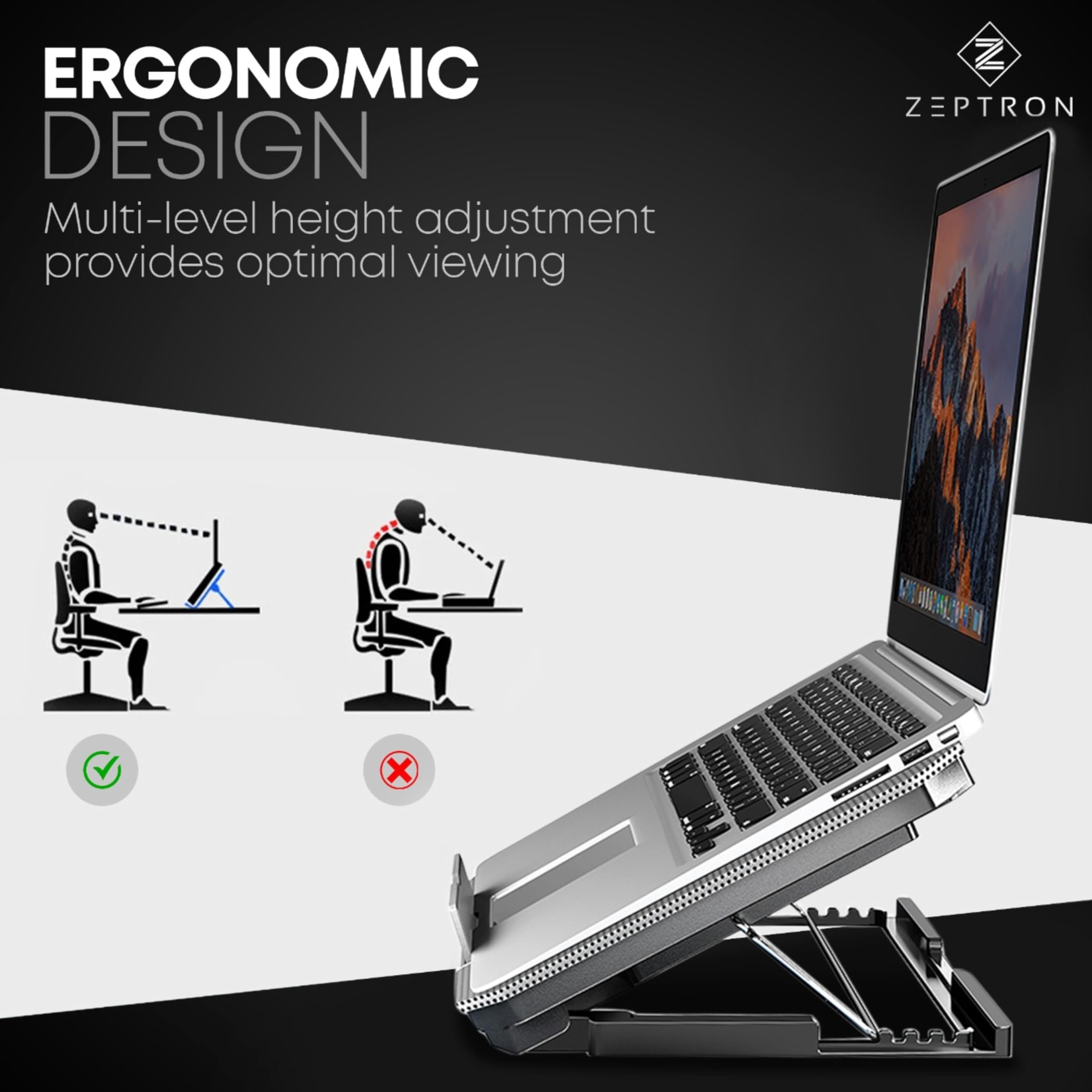 ZEPTRON Adjustable Laptop Cooling Pad with Dual Fans - Portable Cooling Stand for 12-15.6 Inch Notebooks (Silver) | Perfect for Gaming, Office Work & Home Use to Prevent Overheating