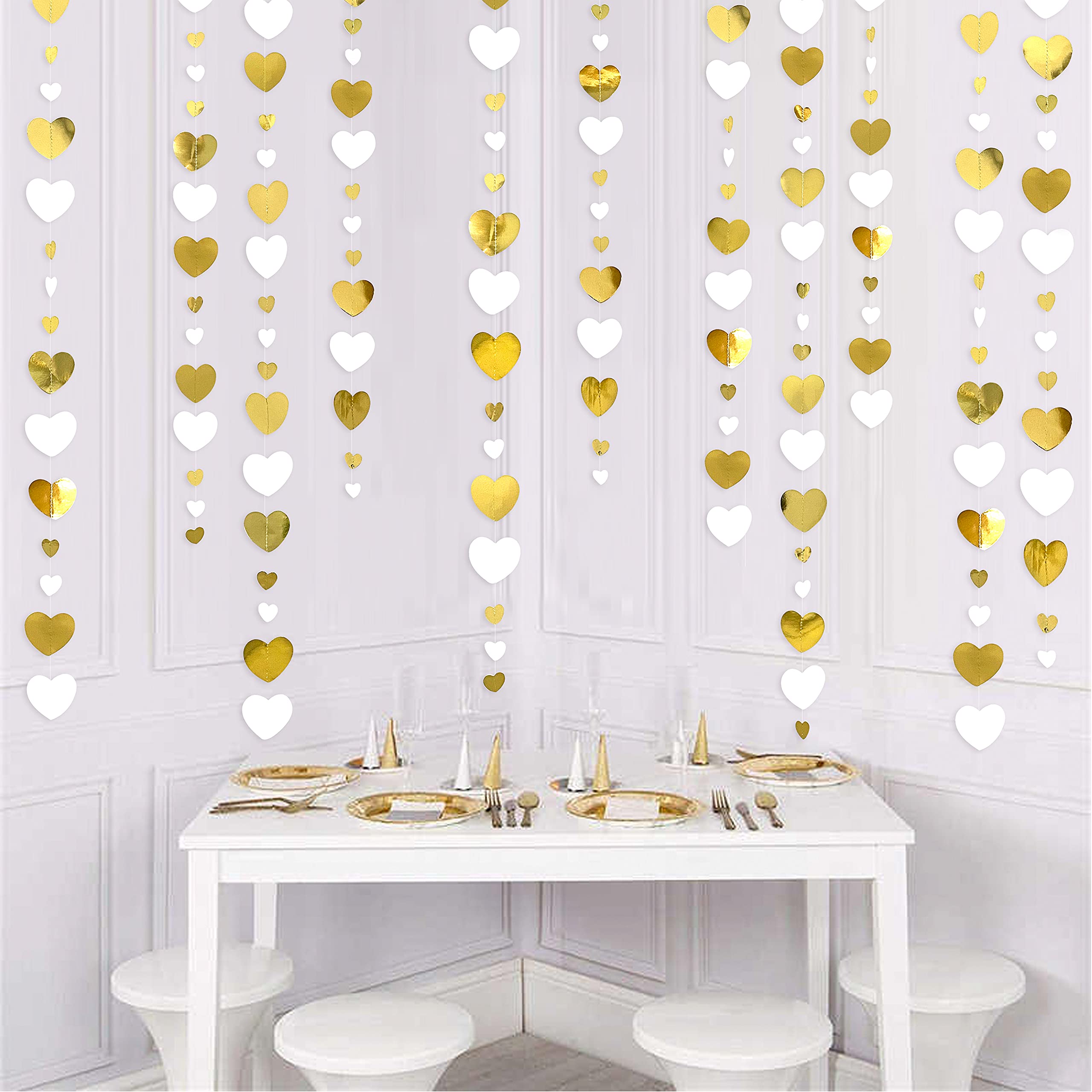 White and Gold Heart Garland - Valentine's Day Party Decorations for Anniversary, Bachelorette, Mother's Day, Engagement, Wedding, Bridal Shower & Birthday | Romantic Hanging Love Streamer Banner for Home & Event Decor