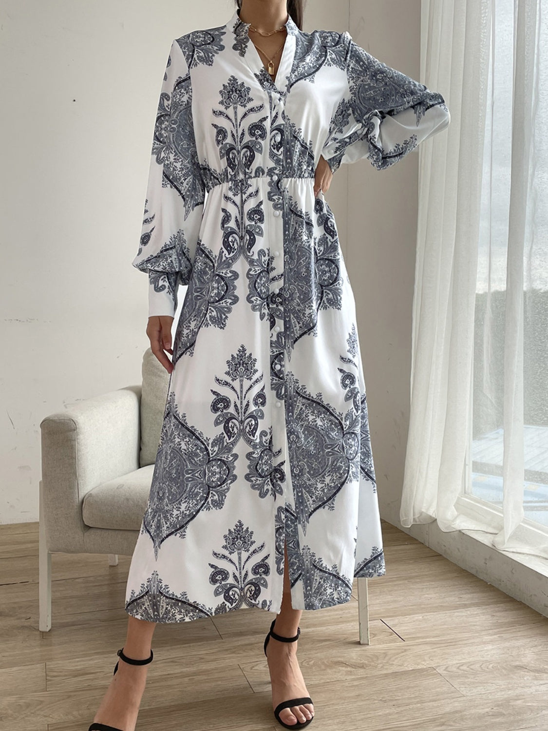 Classic Lantern Sleeve Midi Dress for Women - Vintage Floral Print A-Line Summer Dress | Perfect for Garden Party, Wedding Guest & Date Night Outfits