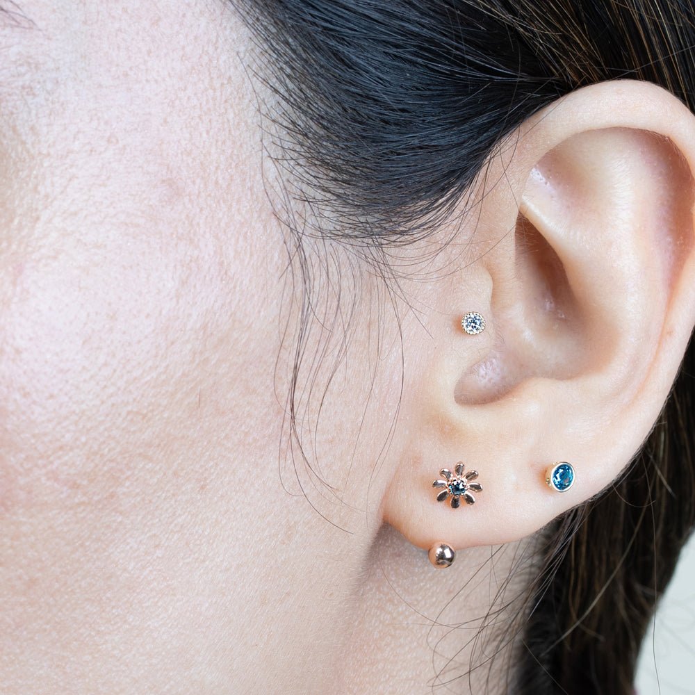 14K Yellow Gold Round Blue Topaz Stud Earrings - Bezel Set Flat Back for Comfort - Perfect for Everyday Wear, Gifts & Special Occasions
