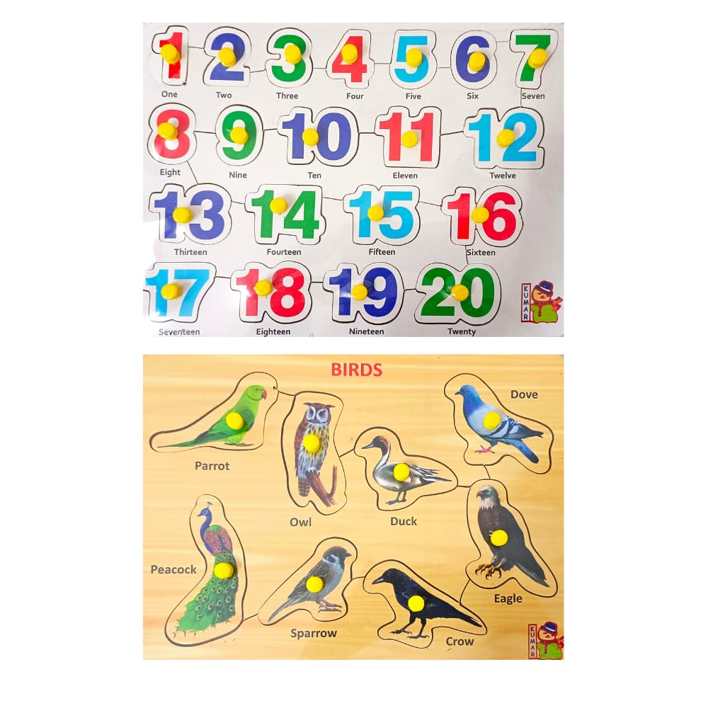 5-Piece Wooden Learning Puzzle Set for Kids & Adults - Number 1-20, Birds, Shapes, Vegetables, Body Parts - Educational Wooden Toys for Toddlers 3+ Years - Perfect for Homeschooling & Family Game Night