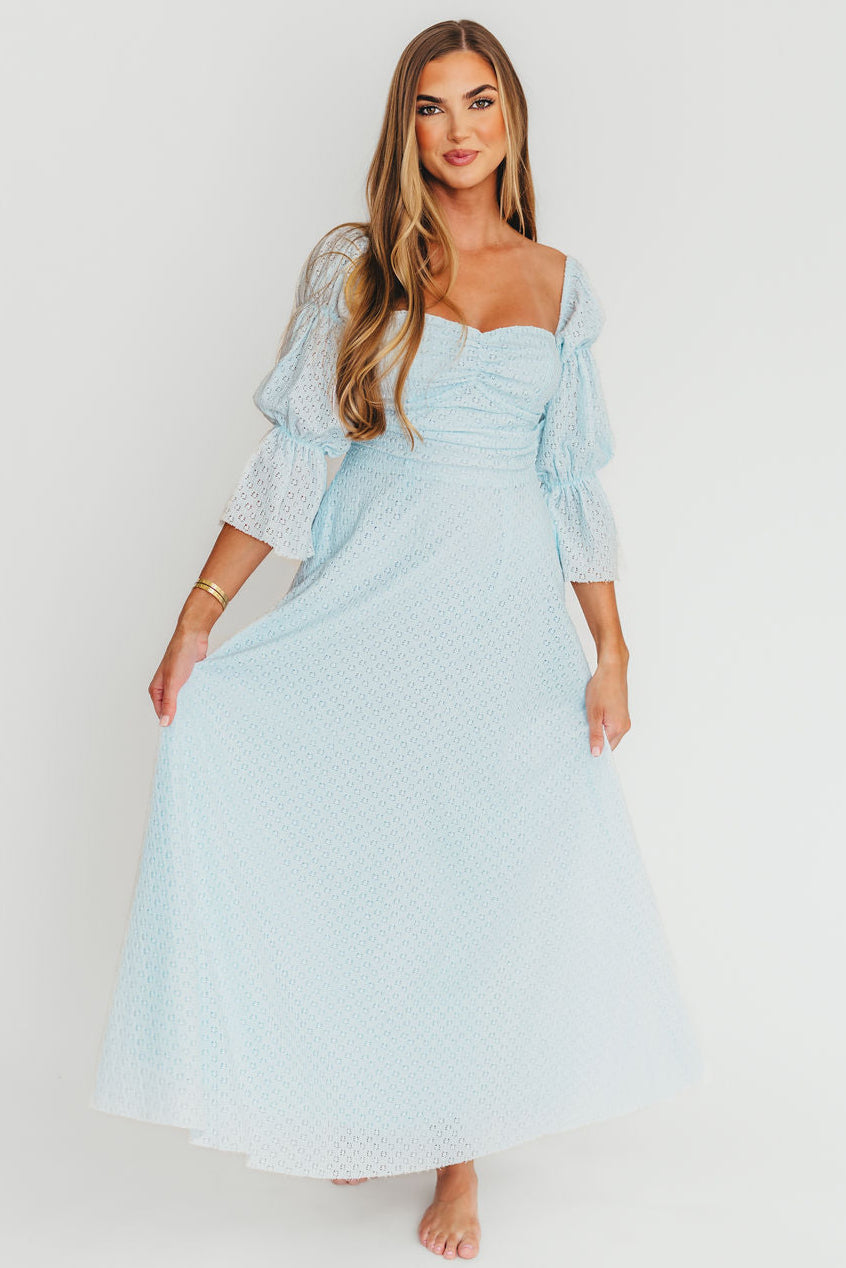 Corrine Tiered Sleeve Maxi Dress with Pockets - Baby Blue Maternity Dress | Bump Friendly & Comfortable for Pregnancy, Nursing, Baby Showers and Special Occasions