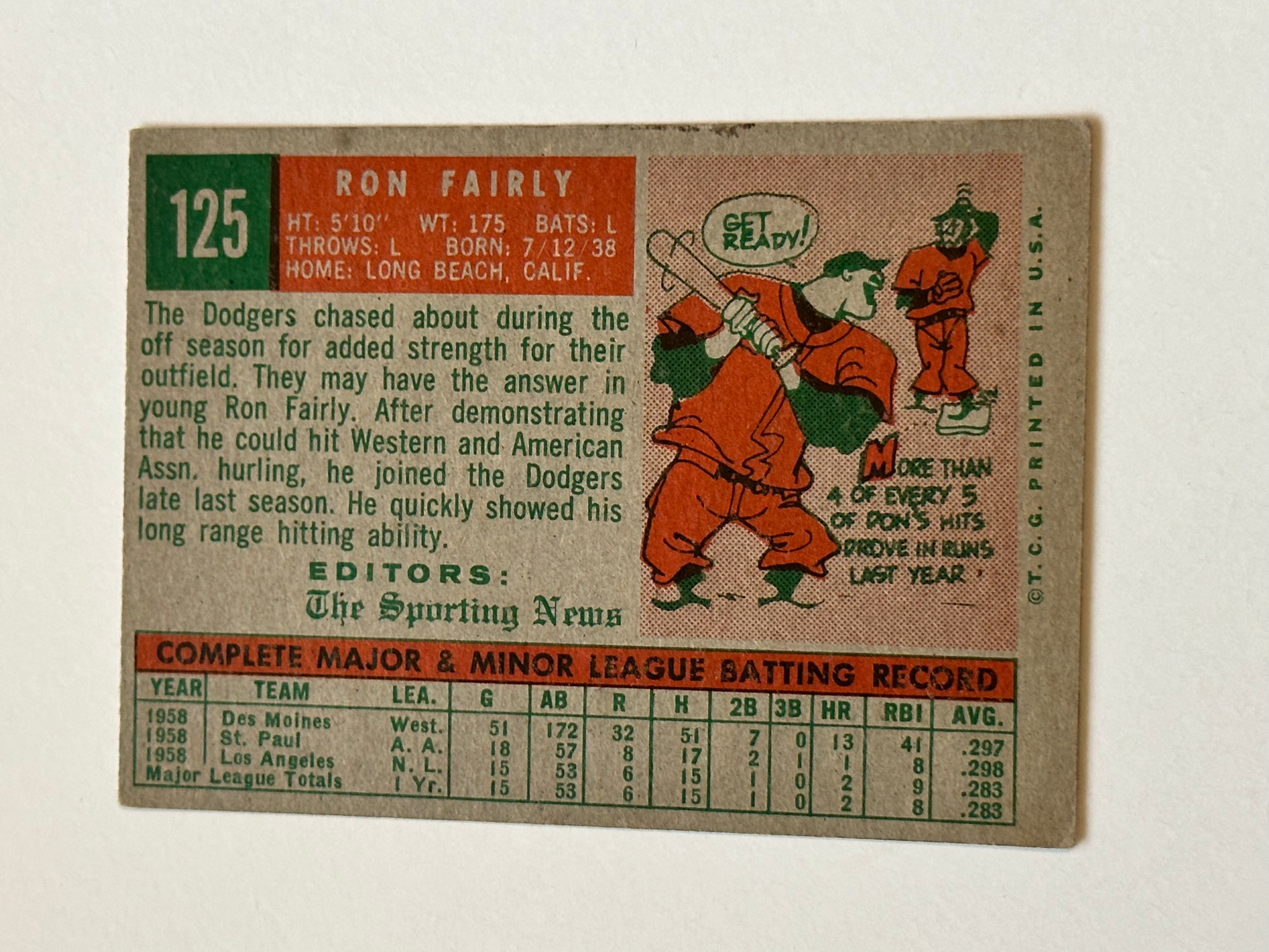 1959 Ron Fairly Topps Rookie Baseball Card - Vintage Collectible for Sports Memorabilia & Card Game Enthusiasts