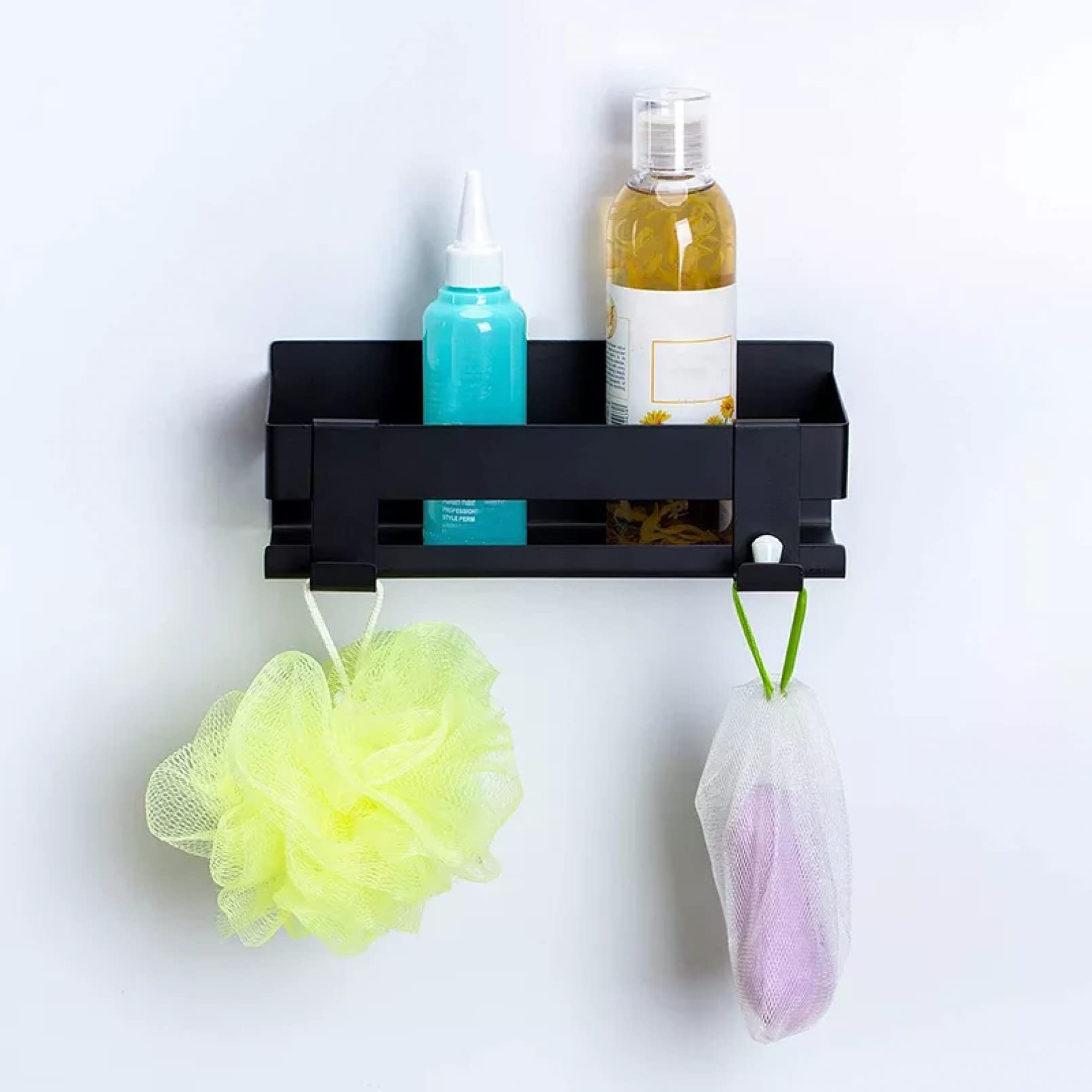 Black 22Cm Self-Adhesive No-Drill Shower Shelf with Hooks - Waterproof Bathroom Storage Organizer for Shampoo, Soap & Towels - Perfect for Small Spaces & Rental Homes