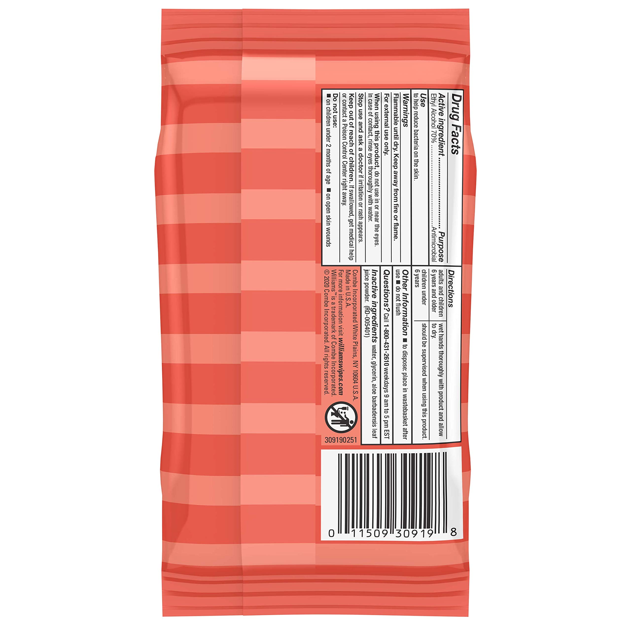 Williams Antibacterial Hand Sanitizer Wipes - Kills 99.99% of Germs, 70% Alcohol with Moisturizing Glycerin & Aloe, Fragrance Free (20 Count) - Perfect for Travel, Office, School & On-the-Go Hygiene