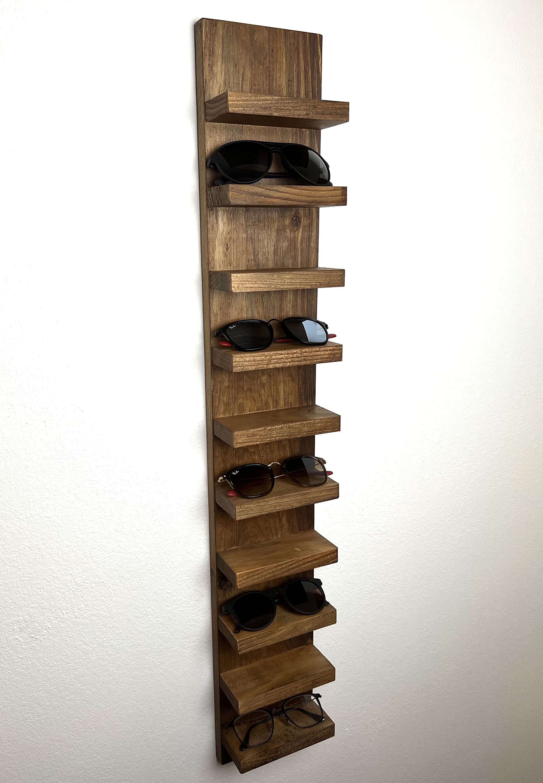 Wooden Sunglasses Shelf - Floating Wall Shelf for Entryway Organization | Eyeglass Rack & Storage Solution | Premium Wall Mounted Shelving (10-Shelf Set, Black) - Perfect for Bathroom, Bedroom, or Office Accessory Display