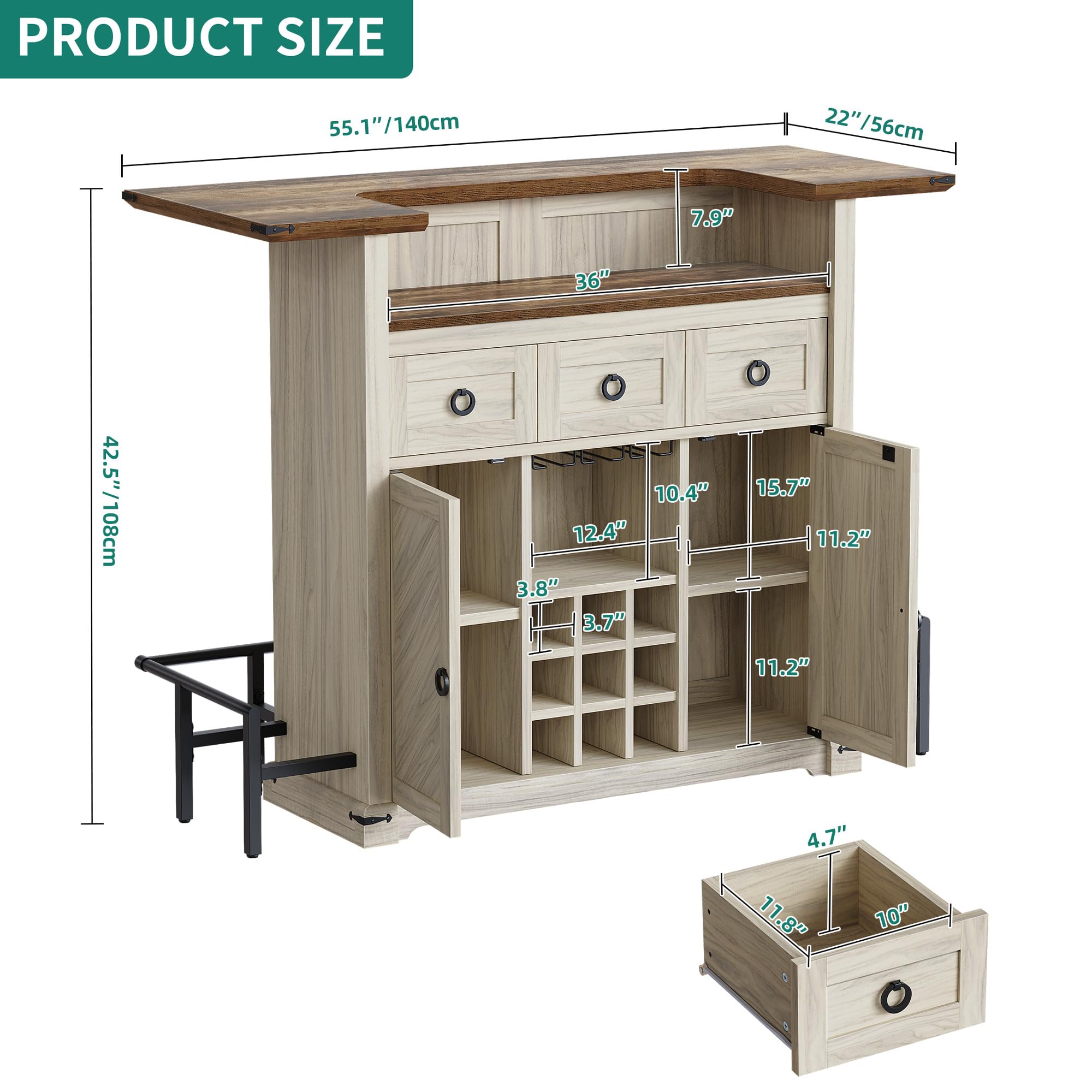 YITAHOME Farmhouse Bar Cabinet with LED Lights, Drawer & Wine Storage - Home Bar Unit with Glasses Holder & Footrest for Living Room, Kitchen, Dining Room - Off White & Walnut Grain Mini Bar Set