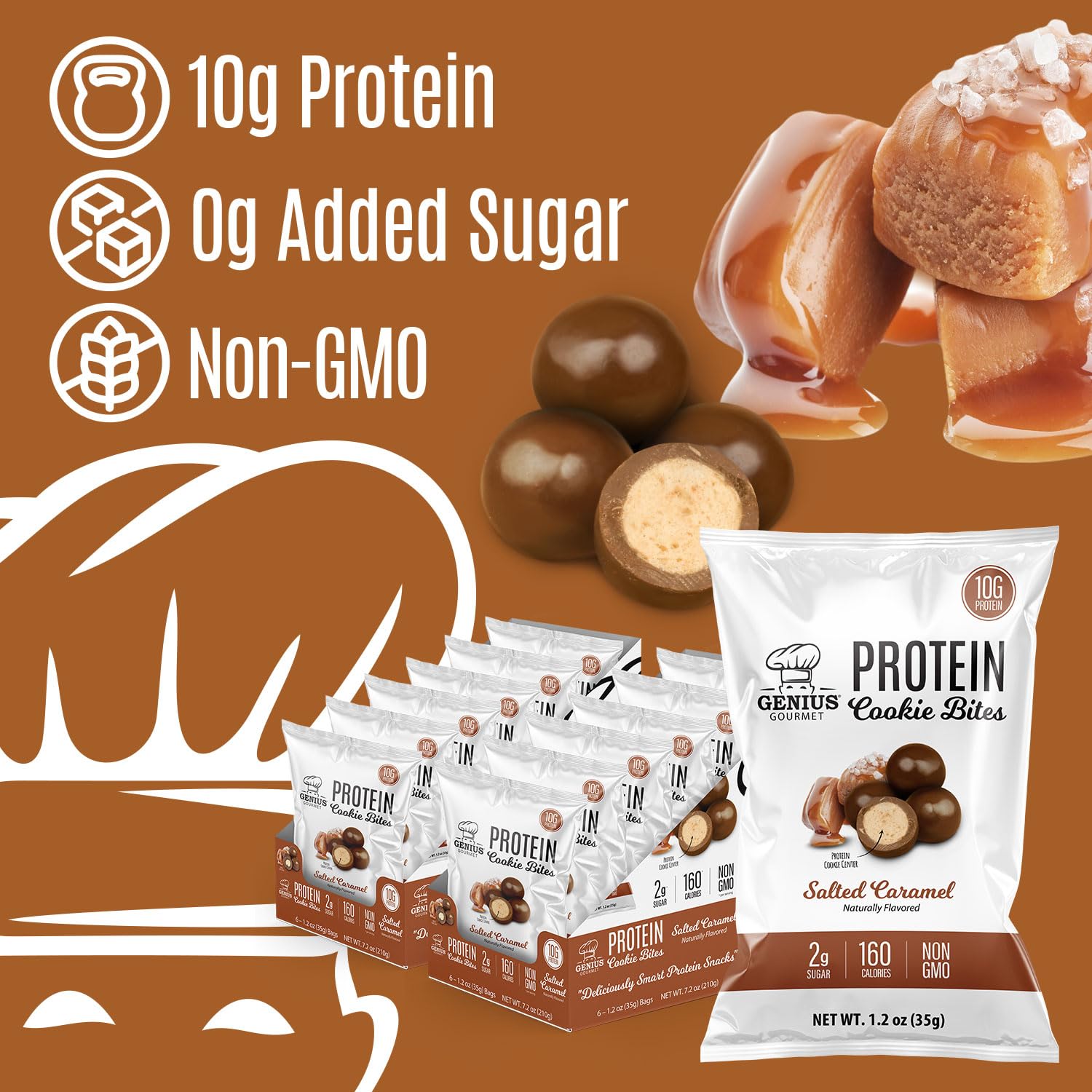 Genius Gourmet Protein Cookie Bites Salted Caramel - 10g Protein, No Added Sugar, Low Carb, Non-GMO - Healthy Protein Snacks for Adults & Kids - 12 Bags - Perfect for Post-Workout, School Lunch & On-the-Go Snacking