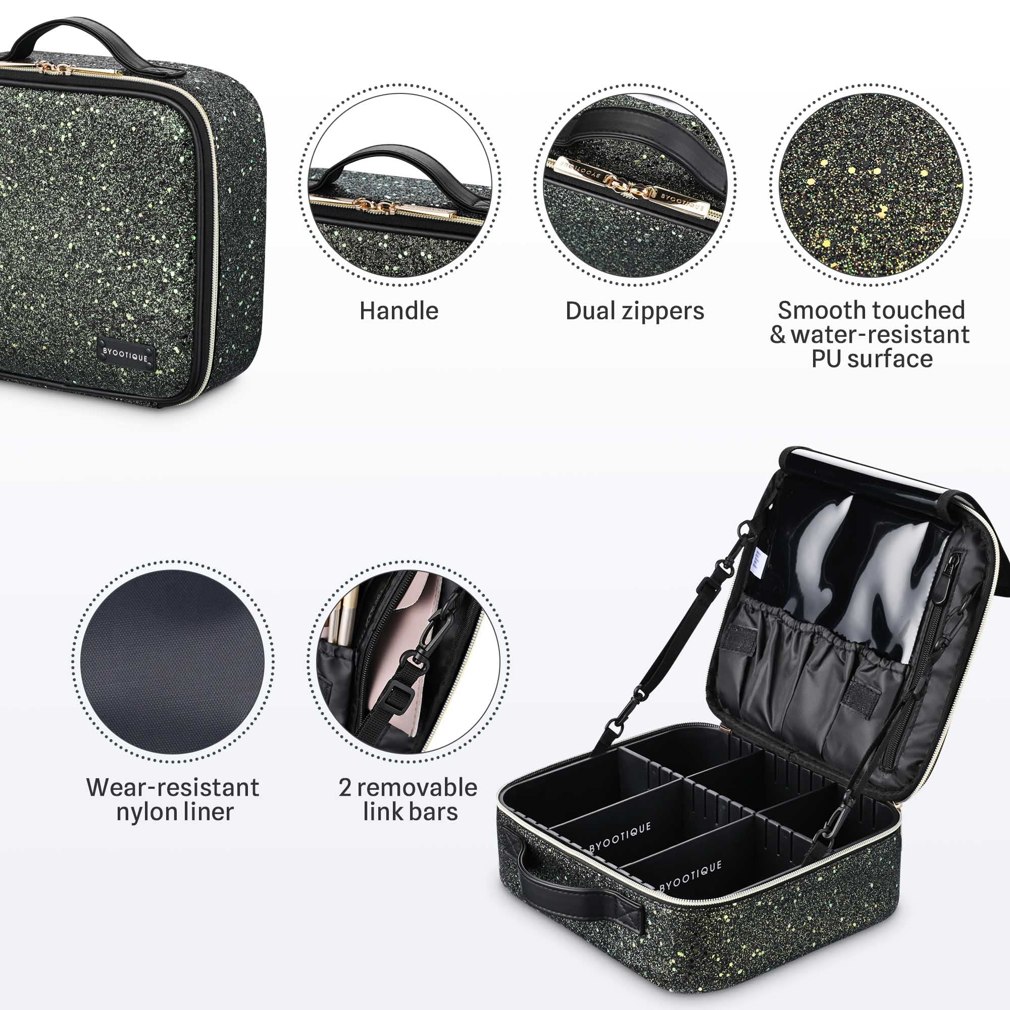 BYOOTIQUE Professional Travel Makeup Train Case with Adjustable Dividers - Sequin Cosmetic Organizer for Lipstick, Makeup Brushes & Toiletries - Glitter Black Makeup Bag for Travel, Home & Salon Use