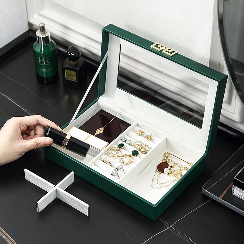 Elegant Green Leather Jewelry Box Organizer with Clear Lid - Perfect Storage for Rings, Earrings, Necklaces, Bracelets & Watches | Ideal Gift for Women & Girls | Great for Travel, Home Decor & Jewelry Display
