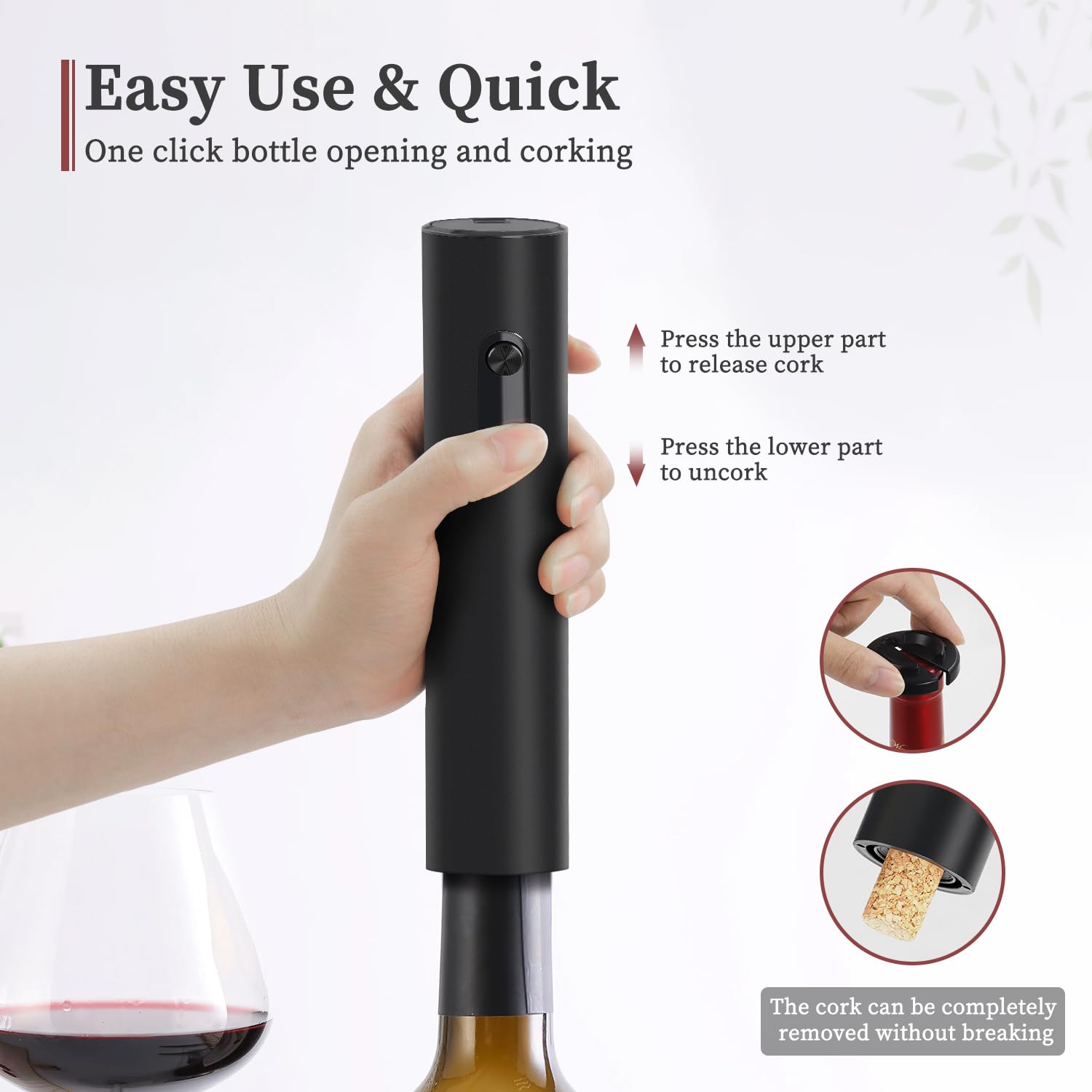 Electric Wine Opener - Automatic Cordless Wine Bottle Opener with Foil Cutter, Battery Operated Corkscrew Remover for Home Bars, Parties & Gifts (Black, 4 AA Batteries Not Included) - Perfect for Wine Lovers, Dinner Parties & Hosting
