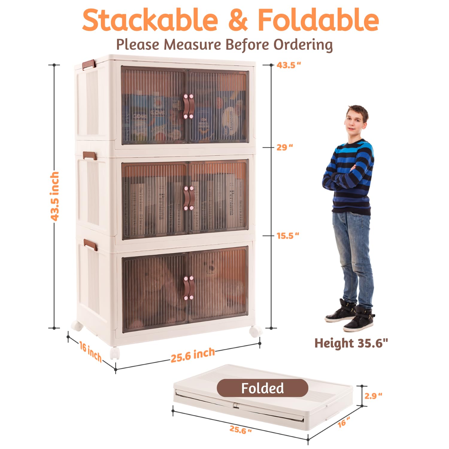 3-Tier Large Foldable Storage Bins with Lids - 95 Qt (285 Qt Total) Magnetic Door Stackable Organizers with Leather Handles & Wheels - Collapsible Storage Containers for Home, Office, Garage, and Closet Organization