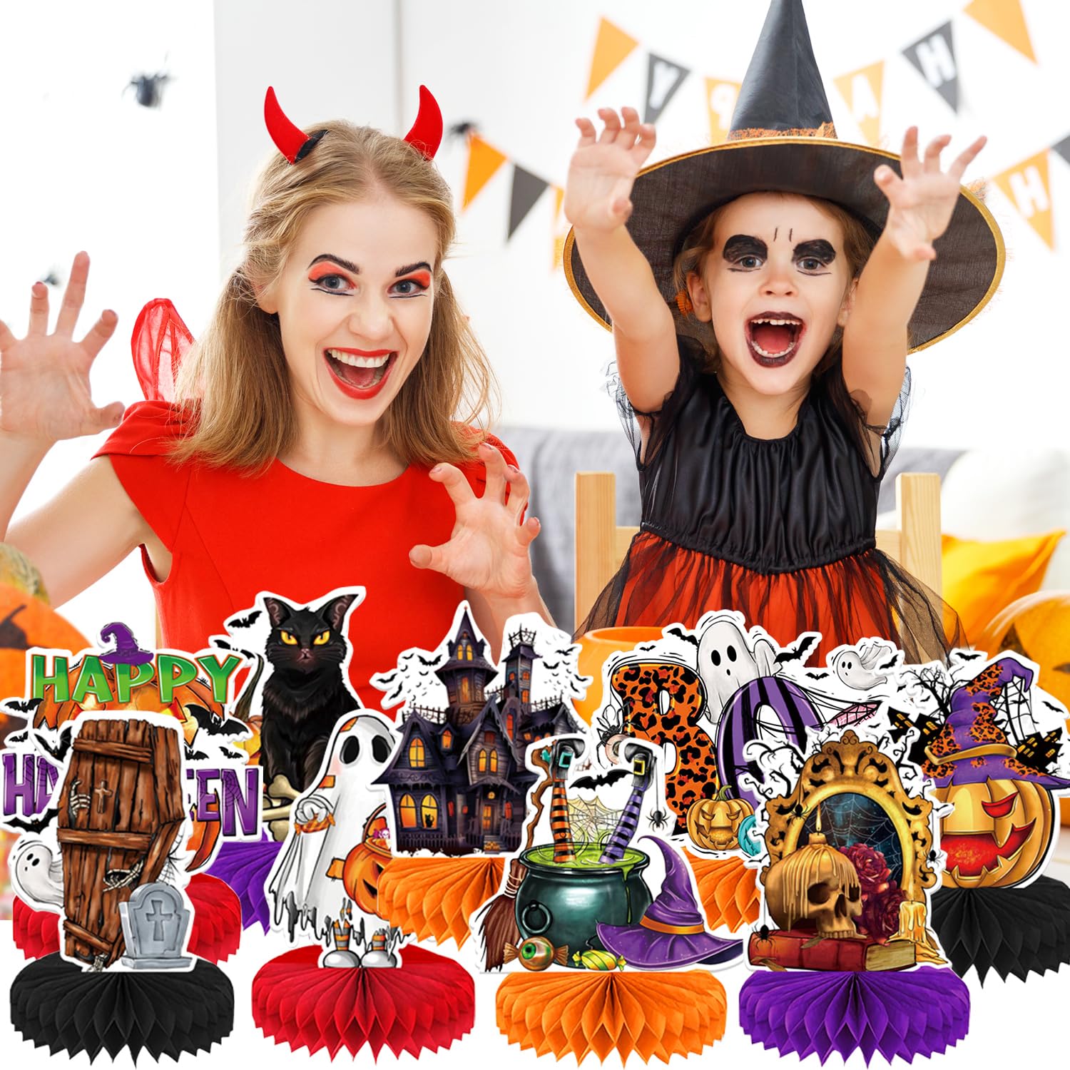 9 Pack Halloween Honeycomb Centerpieces - Spooky Table Toppers & Party Decorations for Halloween, Birthday Parties, and Home Decor | Perfect for Dining Table, Mantel, and Party Backdrop Displays