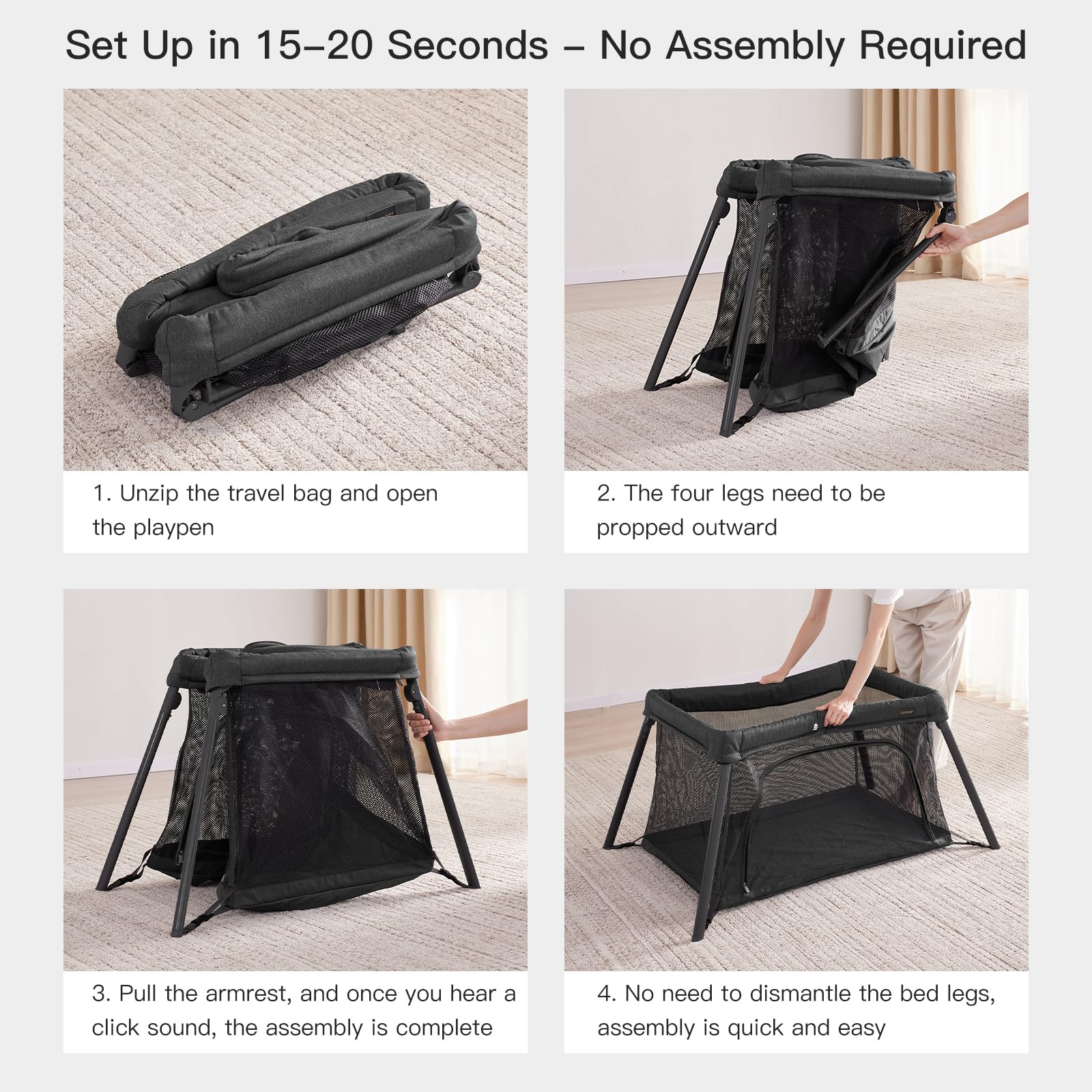 2 in 1 Portable Travel Crib for Toddlers & Babies - Lightweight Foldable Playpen with Soft Mattress | Indoor & Outdoor Baby Travel Bed for Camping, Hotels & Home Use (Black)