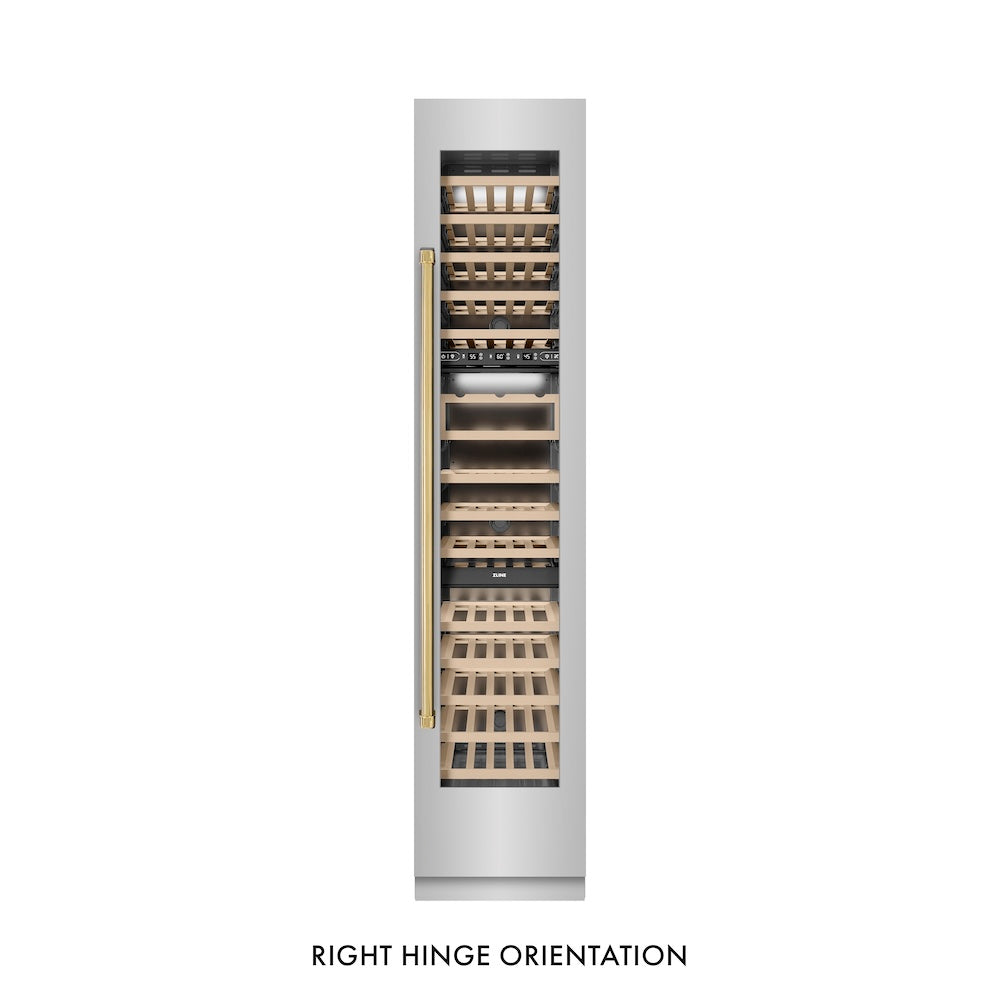 ZLINE Autograph Edition 18-inch 9.0 cu. ft. Triple Zone 68 Bottle Right Hinge Stainless Steel Wine Cooler with Polished Gold Accents - Perfect for Home Bars, Restaurants, and Wine Cellars (RCWVRZ 30418 G)