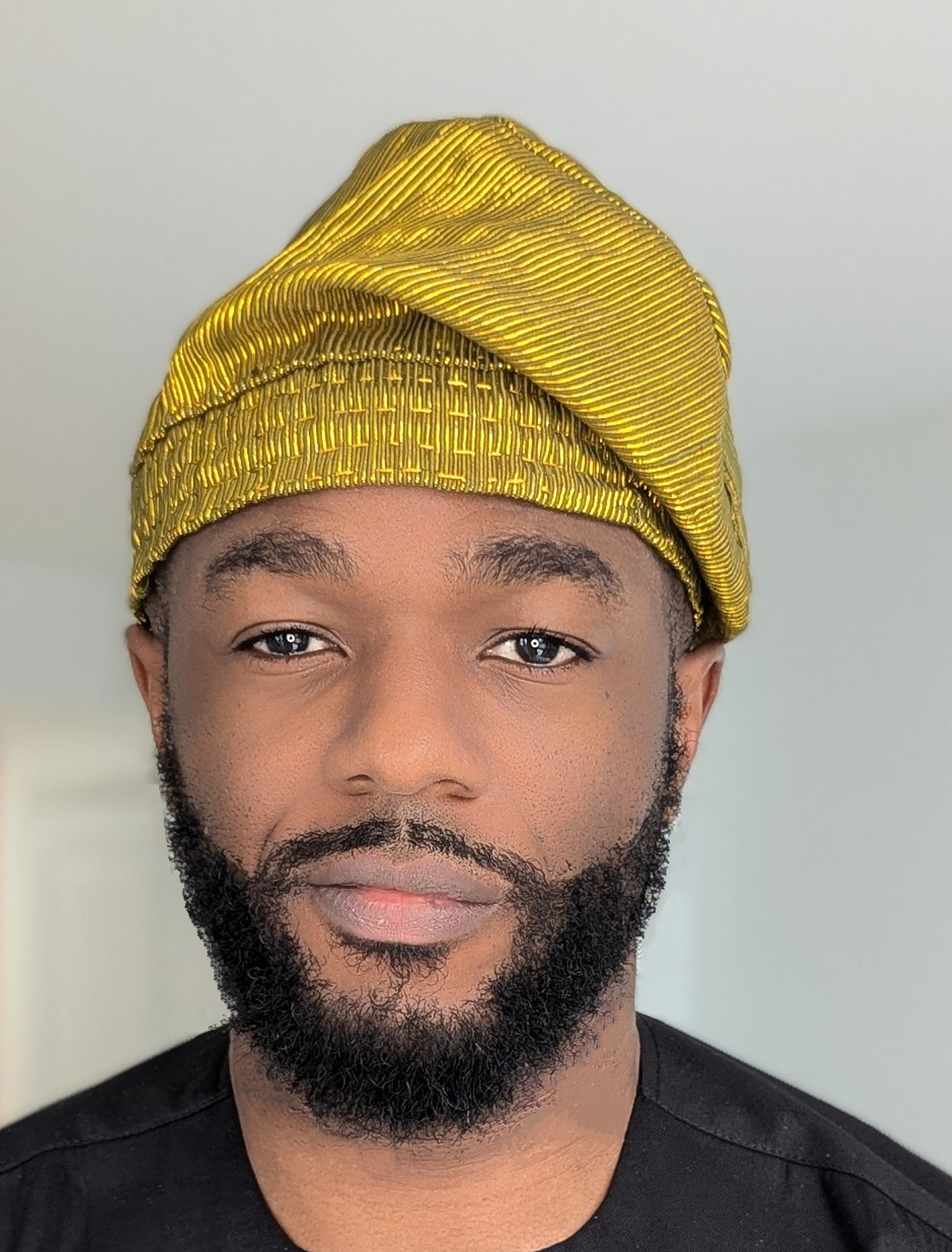 Dupsie's Striped Gold African Aso Oke Fila Kufi Cap Hat - Traditional Nigerian Headwear for Men - Perfect for Weddings, Cultural Events & Special Occasions