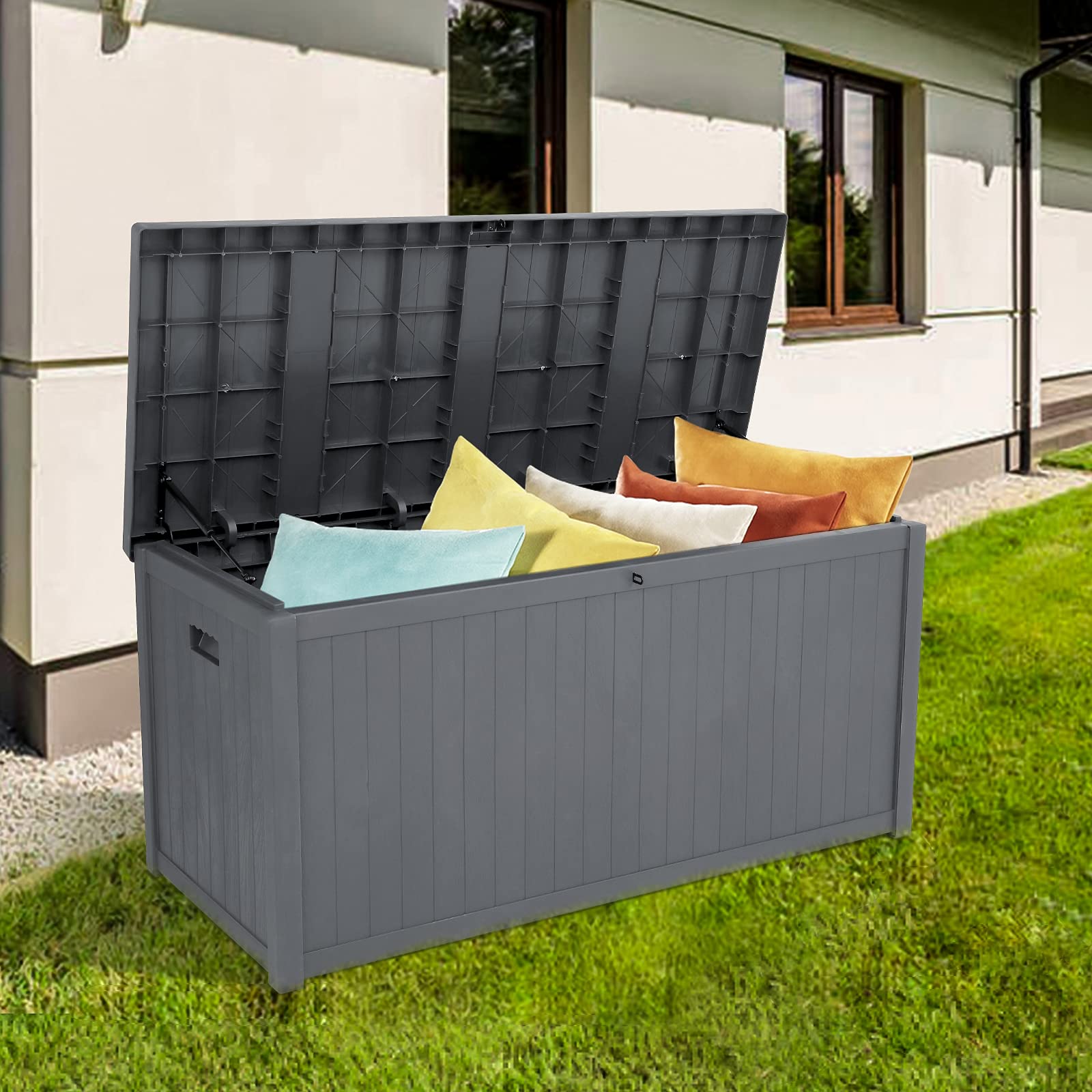 113 Gallon Outdoor Plastic Waterproof Deck Storage Box - Grey - Organize Patio Furniture, Cushions & Garden Tools - Perfect for Backyard, Poolside & Outdoor Storage