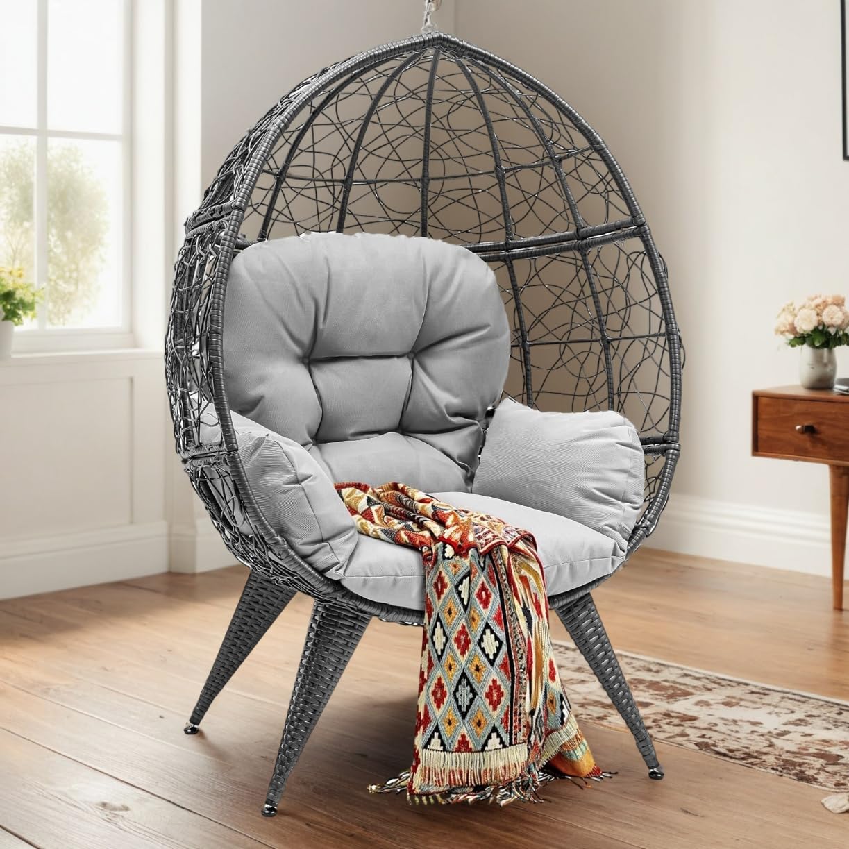 YITAHOME Oversized Wicker Egg Chair with Stand - 330lbs Capacity Indoor/Outdoor Hanging Lounger with Cushion & Leveling Feet - Perfect for Patio, Bedroom, Living Room, Garden, Backyard & Balcony (Grey) | Relaxing Reading Nook & Cozy Conversation Spot