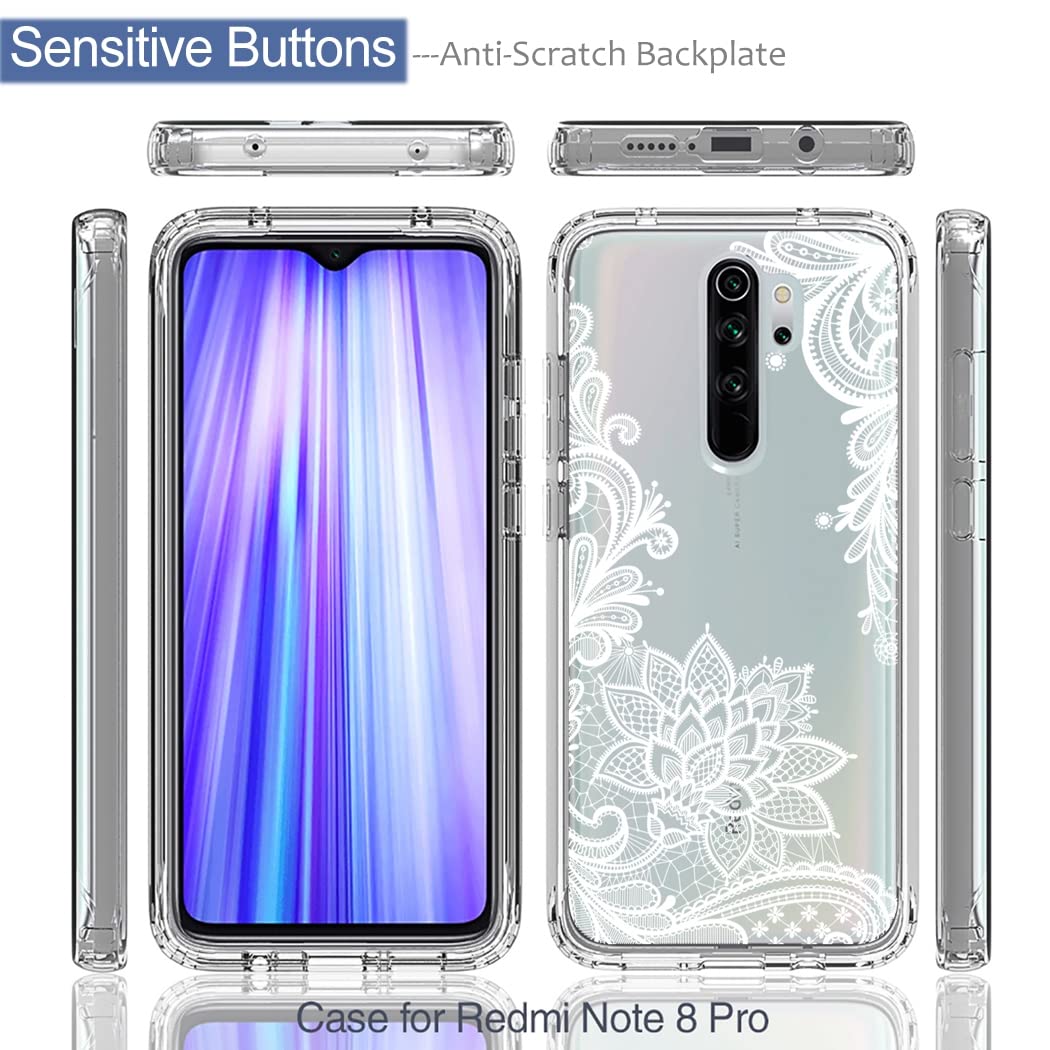 Premium Clear Mandala Phone Case for Xiaomi Redmi Note 8 Pro (M1906G7I) with Tempered Glass Screen Protector - Slim Full Body Protective Cover - Perfect for Daily Use, Travel & Gift Giving