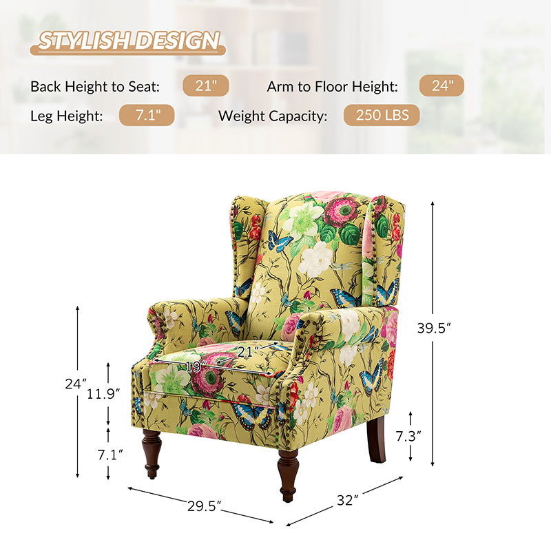 Felix Upholstered Wingback Armchair with Spindle Legs - Comfortable Living Room Chair for Reading & Relaxing - Perfect for Home Office, Bedroom or Lounge Area